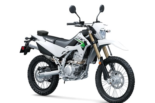 Three-quarter front angle of a white motorcycle staged in a white studio background. opens in a new window