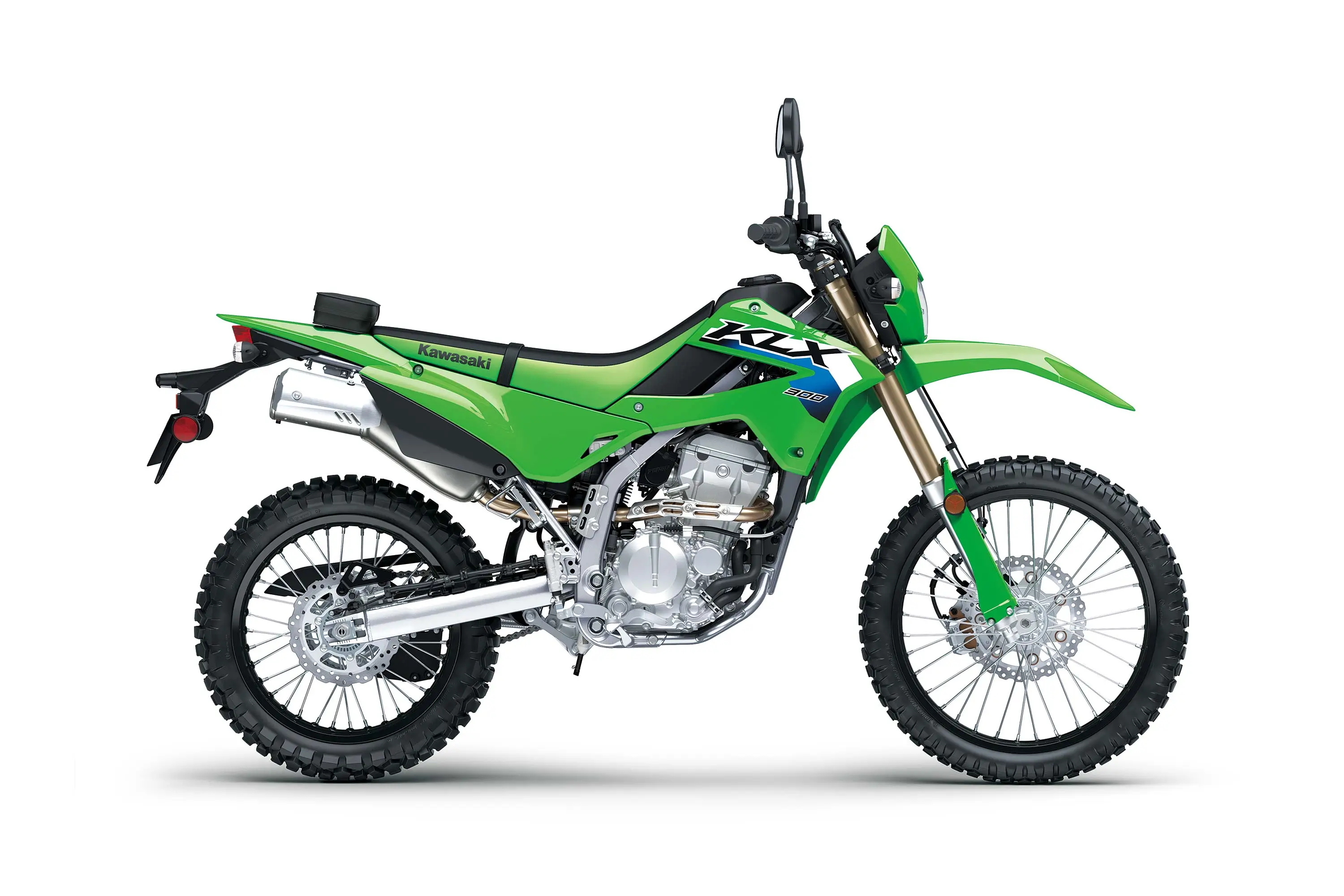 Profile angle of a green motorcycle staged in a white studio background.
