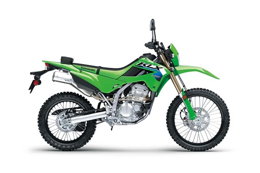Profile angle of a green motorcycle staged in a white studio background. opens in a new window