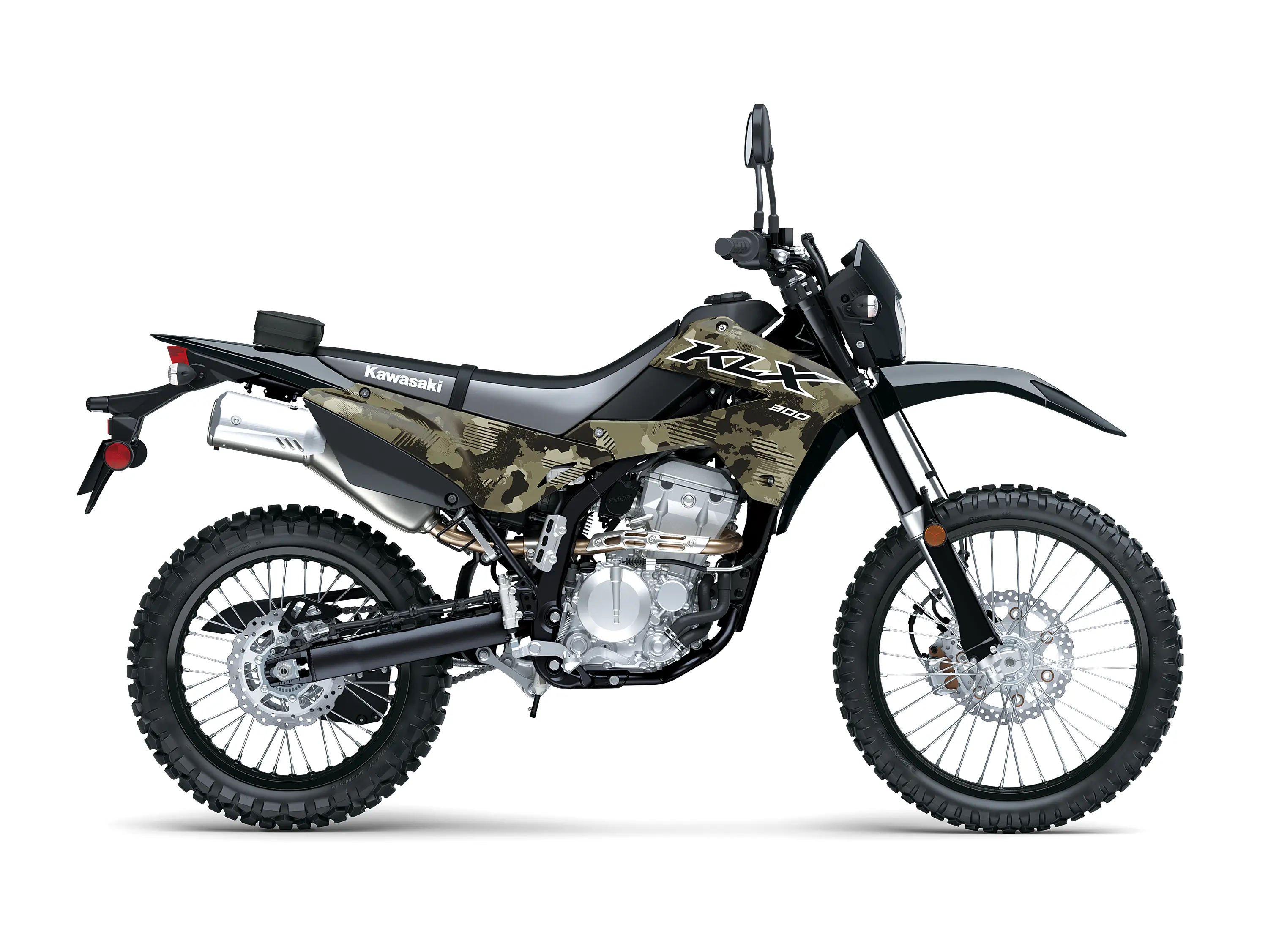 Side angle of a motorcycle staged in a white studio background.