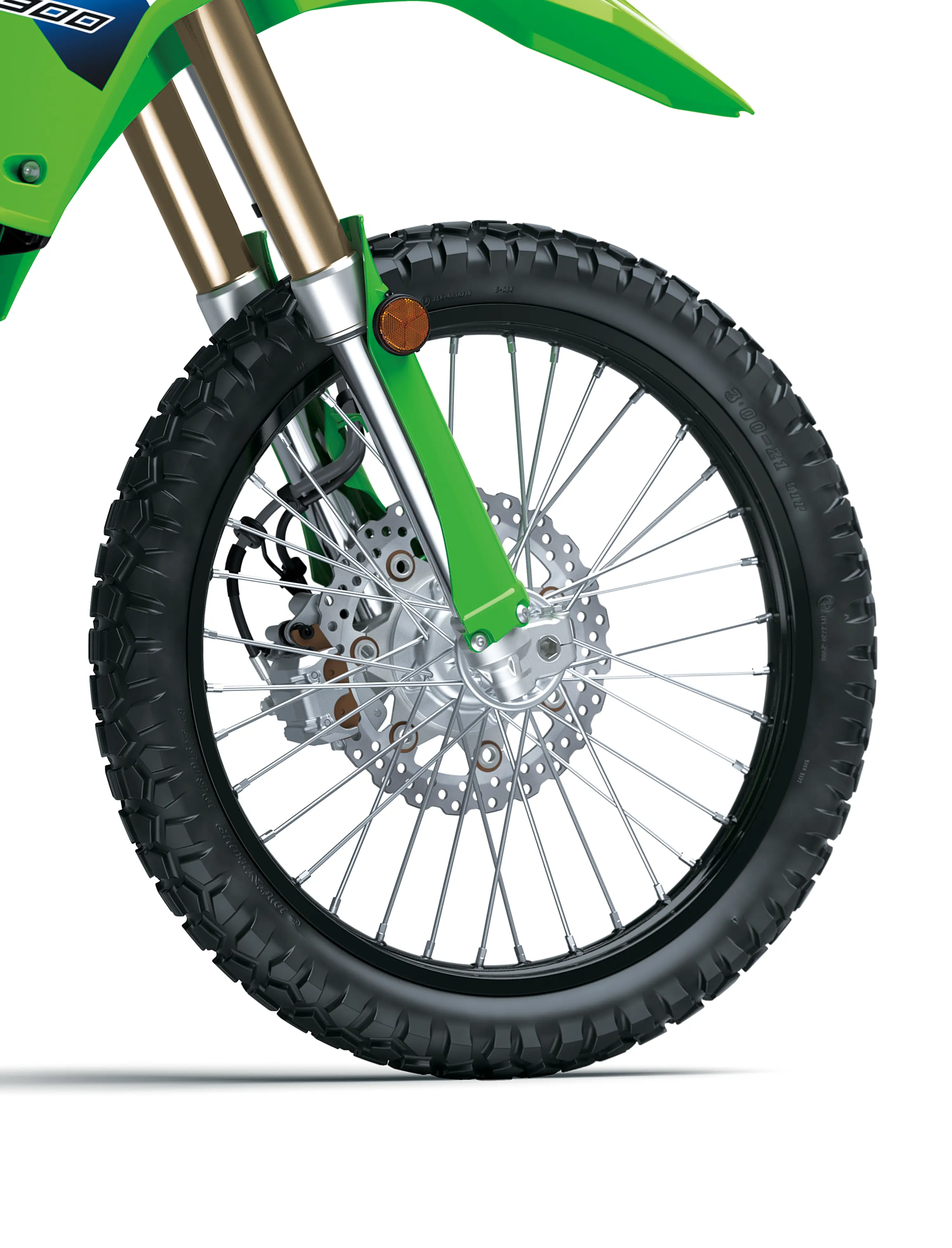 Front wheel of a motorcycle staged in a white studio background.