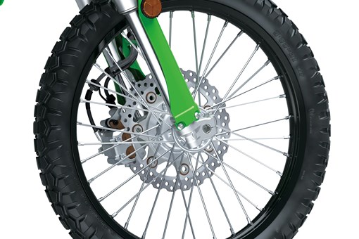 Front wheel of a motorcycle staged in a white studio background. opens in a new window