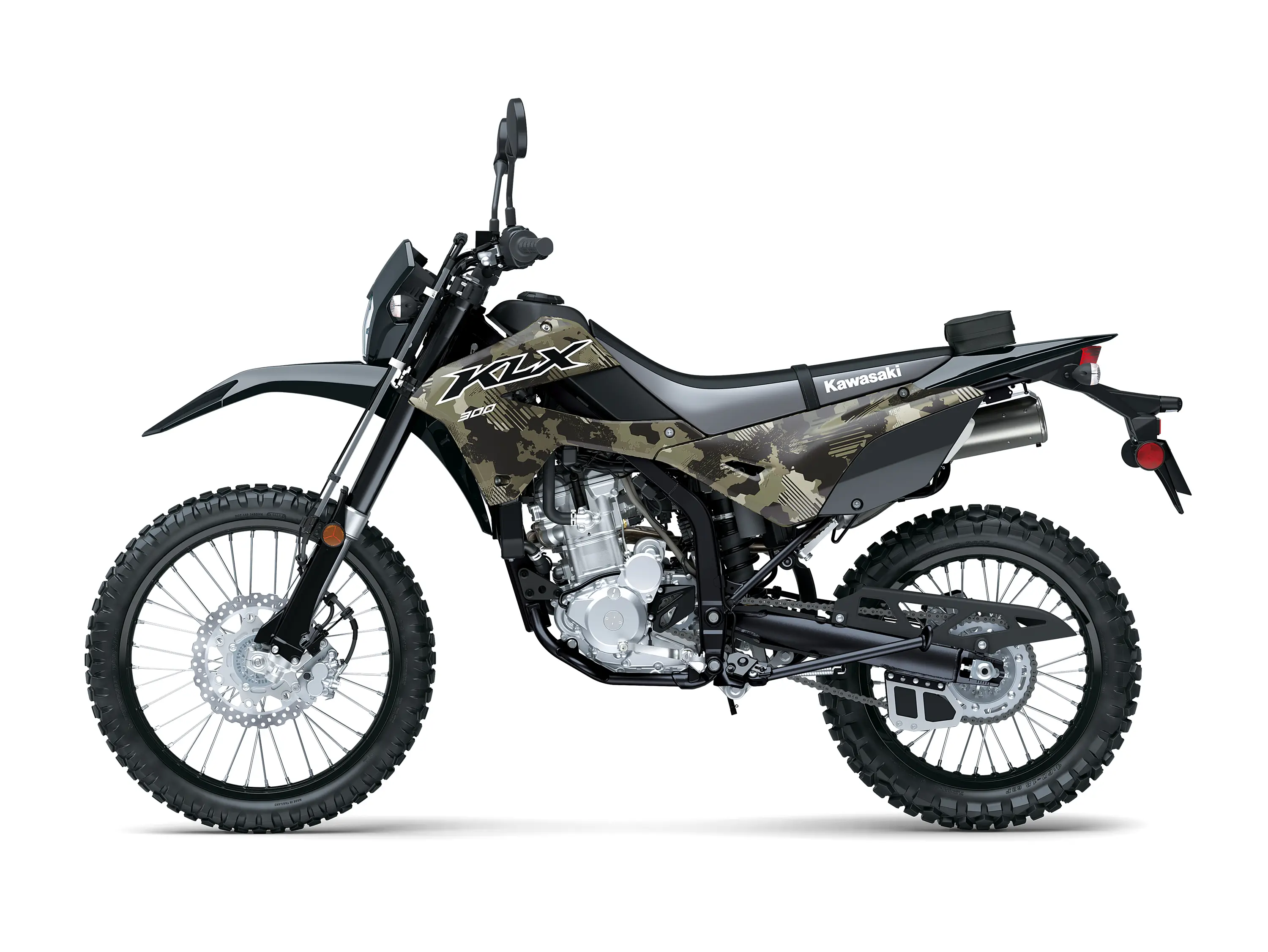 Profile angle of a motorcycle staged in a white studio background.