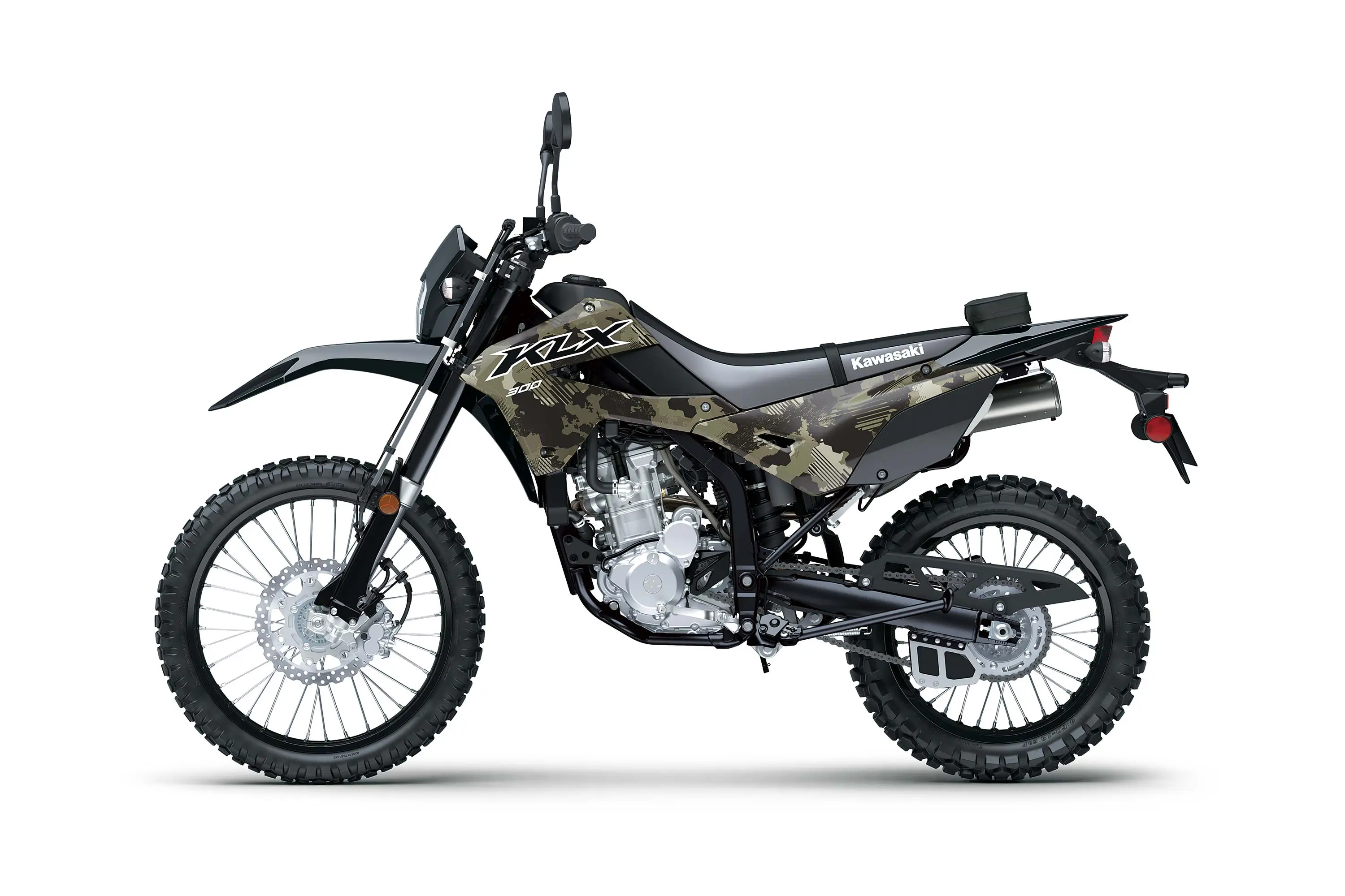 Profile angle of a motorcycle staged in a white studio background.