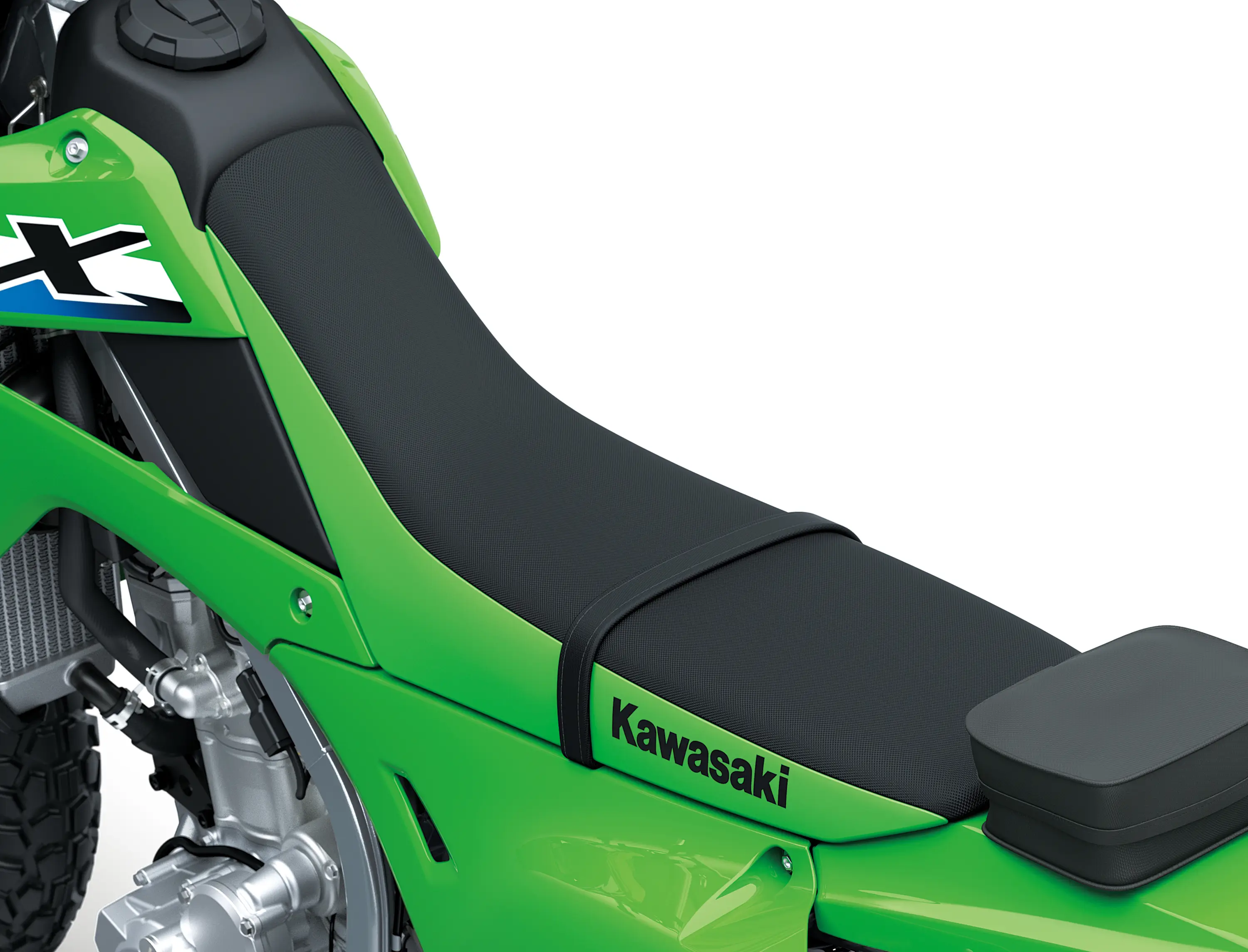 Seat of a motorcycle staged in a white studio background.