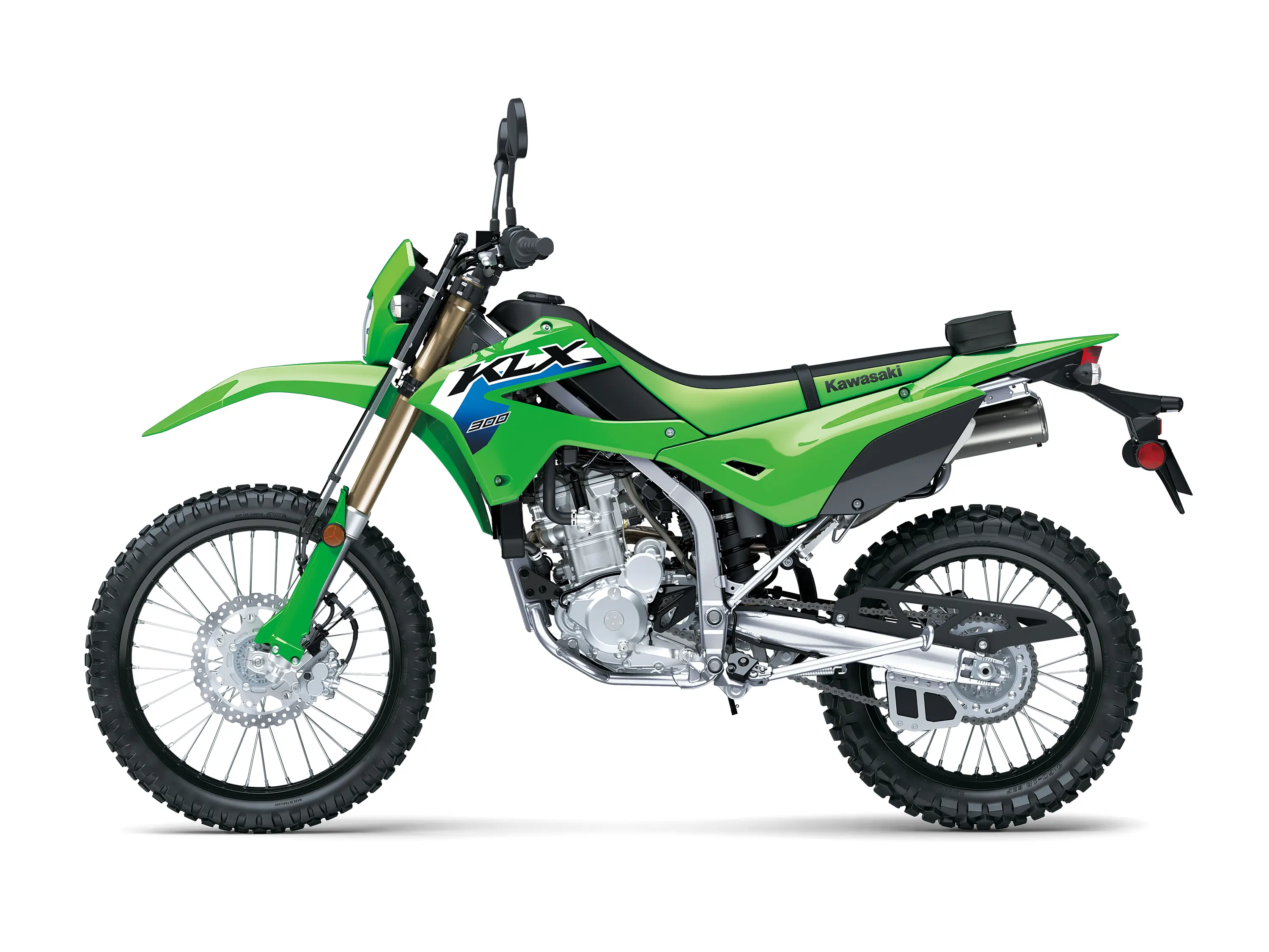 Side angle of a green motorcycle staged in a white studio background.