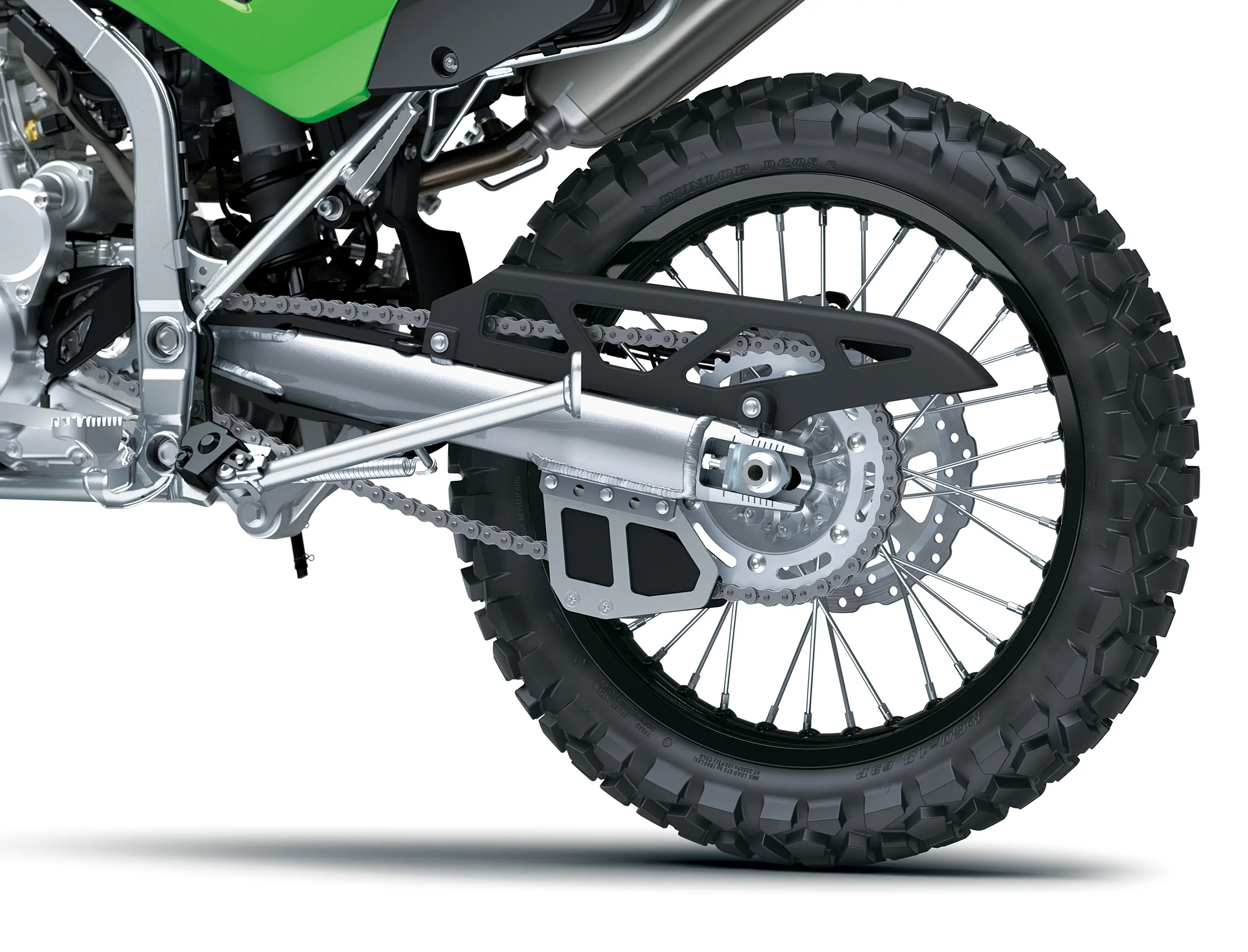 Rear wheel of a motorcycle staged in a white studio background.