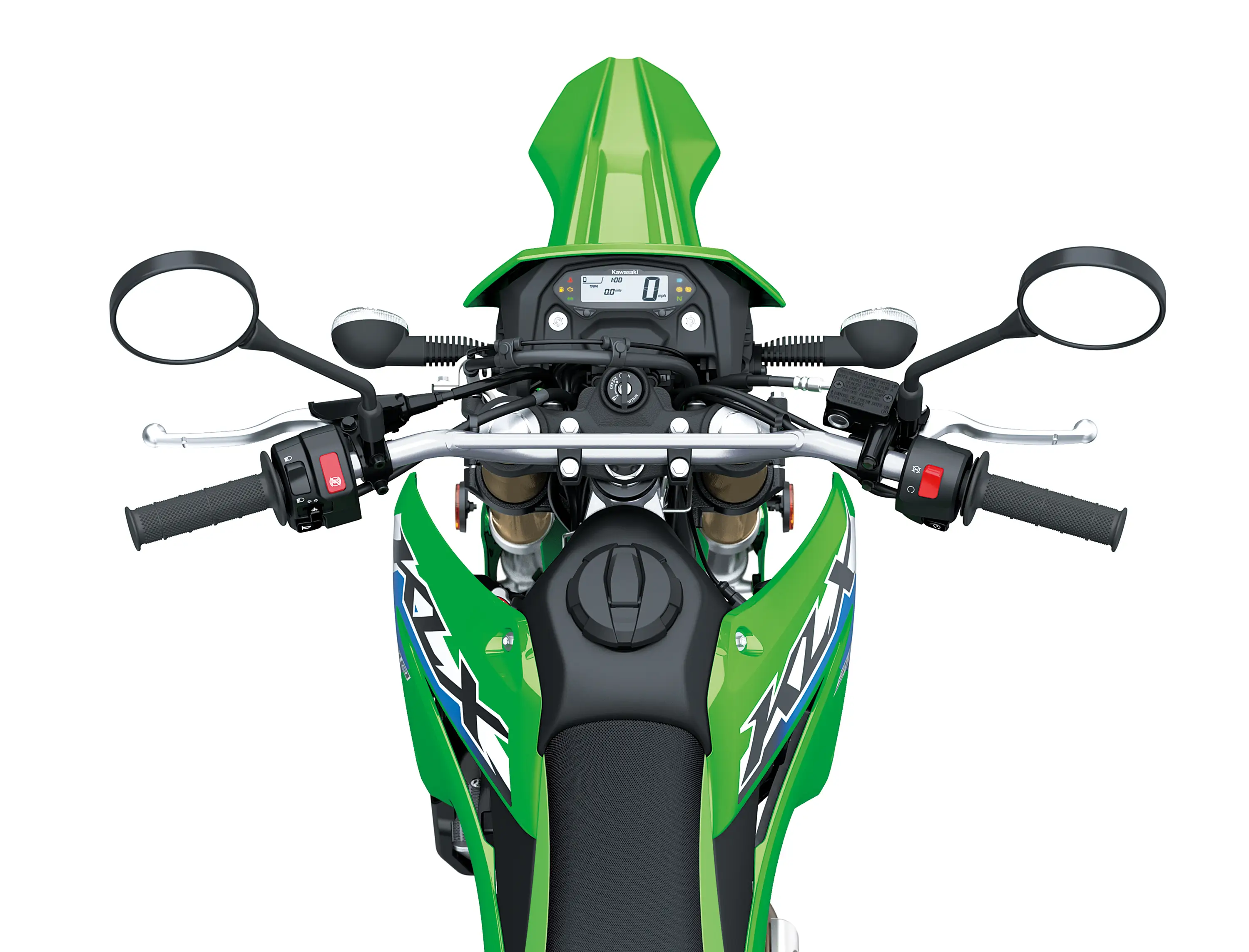 Overhead front of a motorcycle staged in a white studio background.