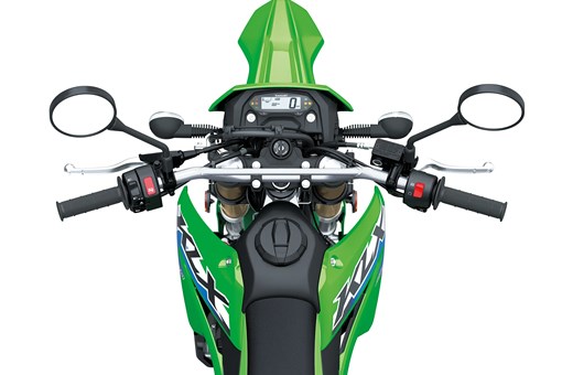 Overhead front of a motorcycle staged in a white studio background. opens in a new window