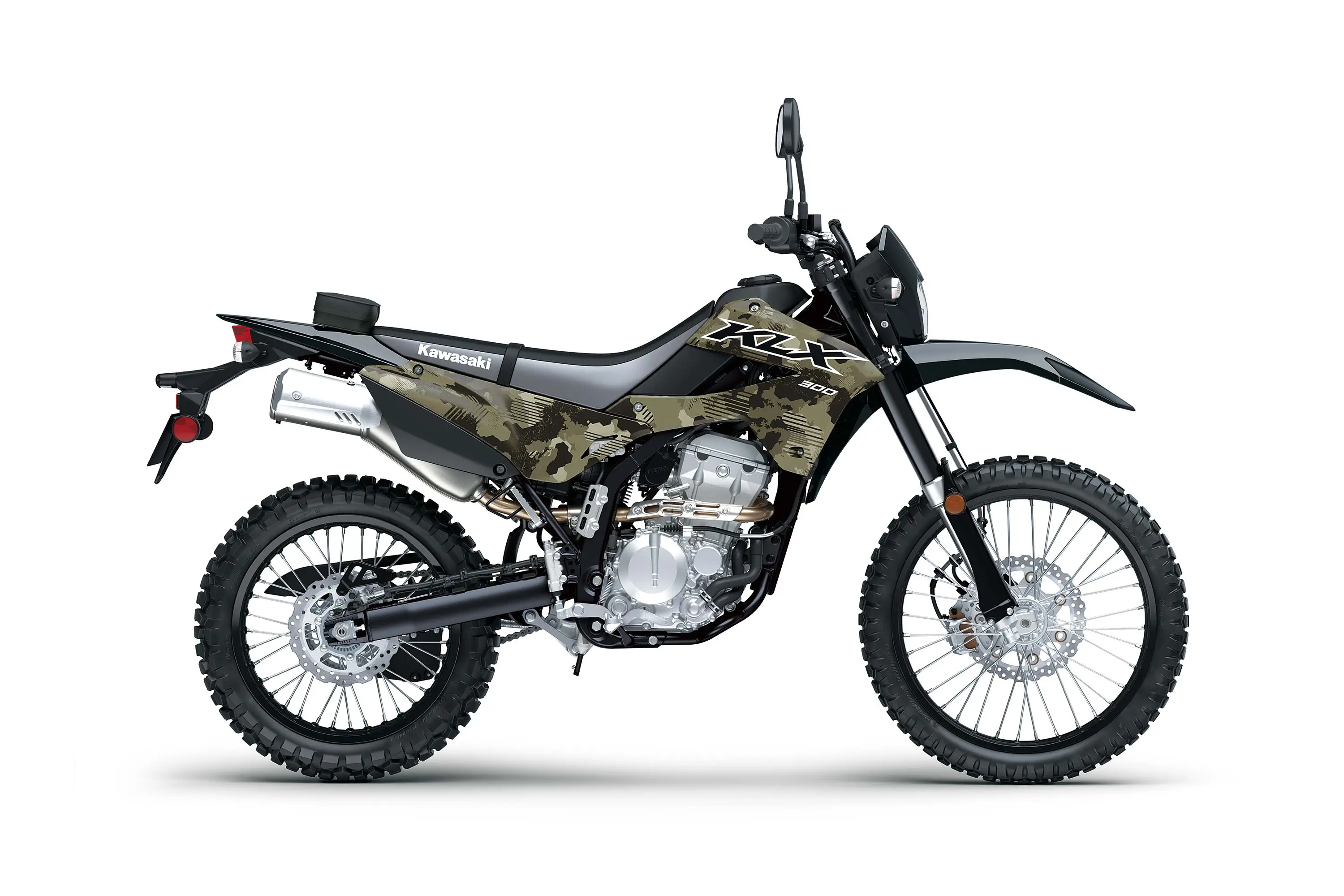 Side angle of a motorcycle staged in a white studio background.