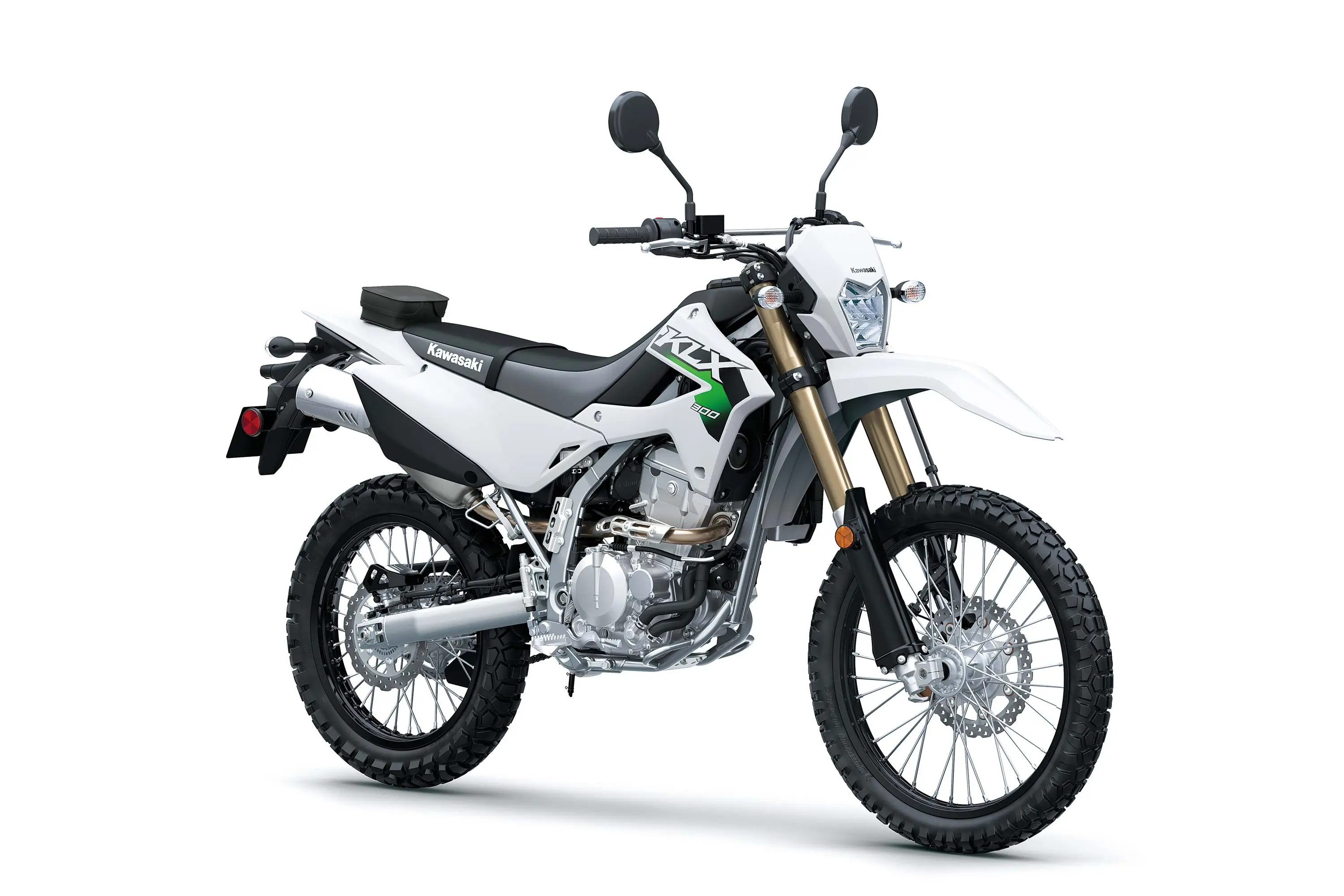 Three-quarter front angle of a white motorcycle staged in a white studio background.