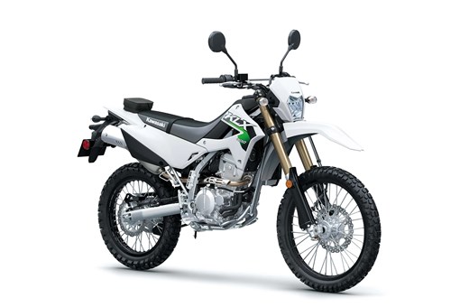 Three-quarter front angle of a white motorcycle staged in a white studio background. opens in a new window