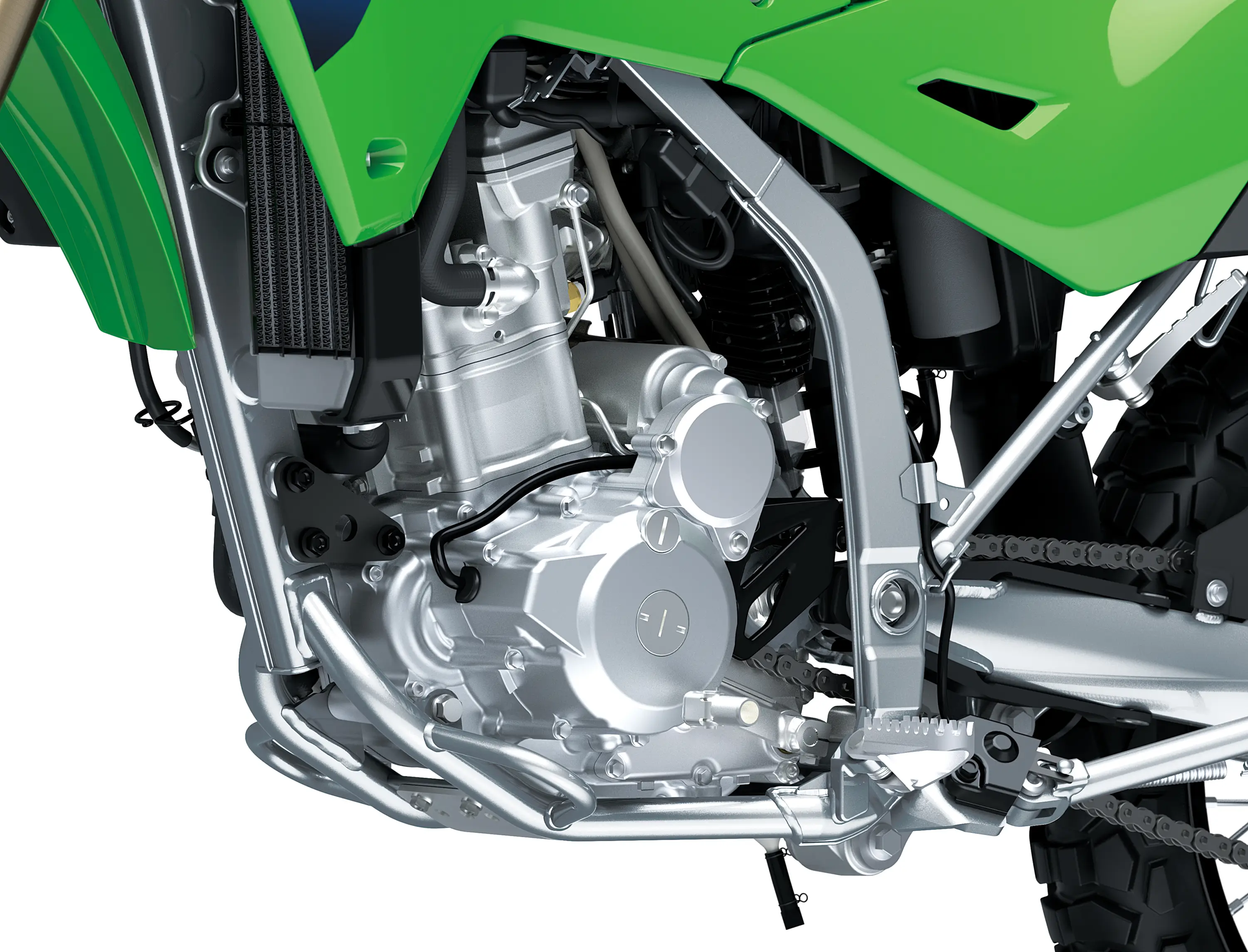 Engine of a motorcycle staged in a white studio background.