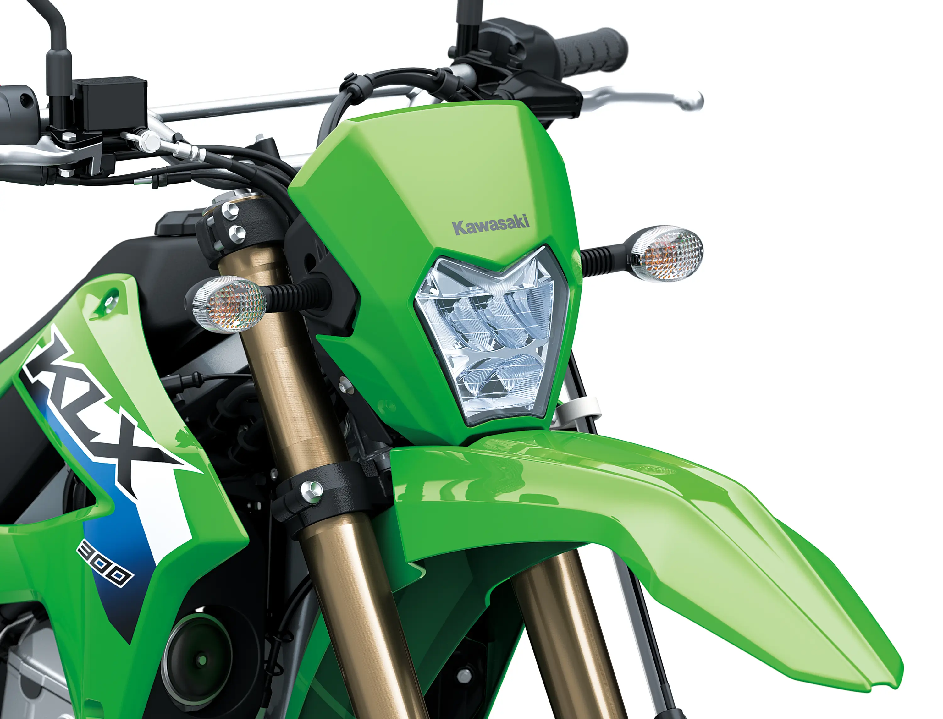 Nose closeup of a motorcycle staged in a white studio background.