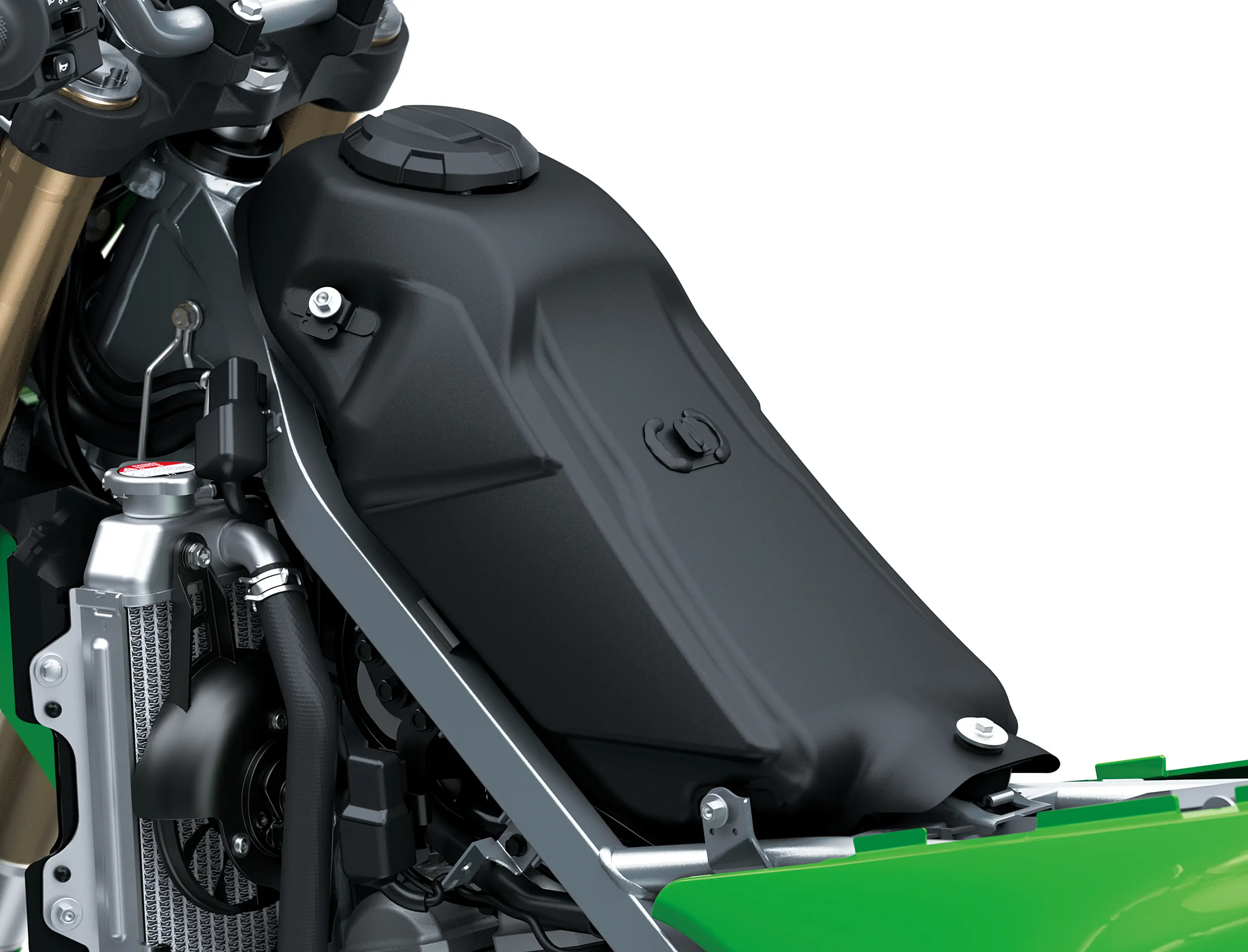 Under seat of a motorcycle staged in a white studio background.