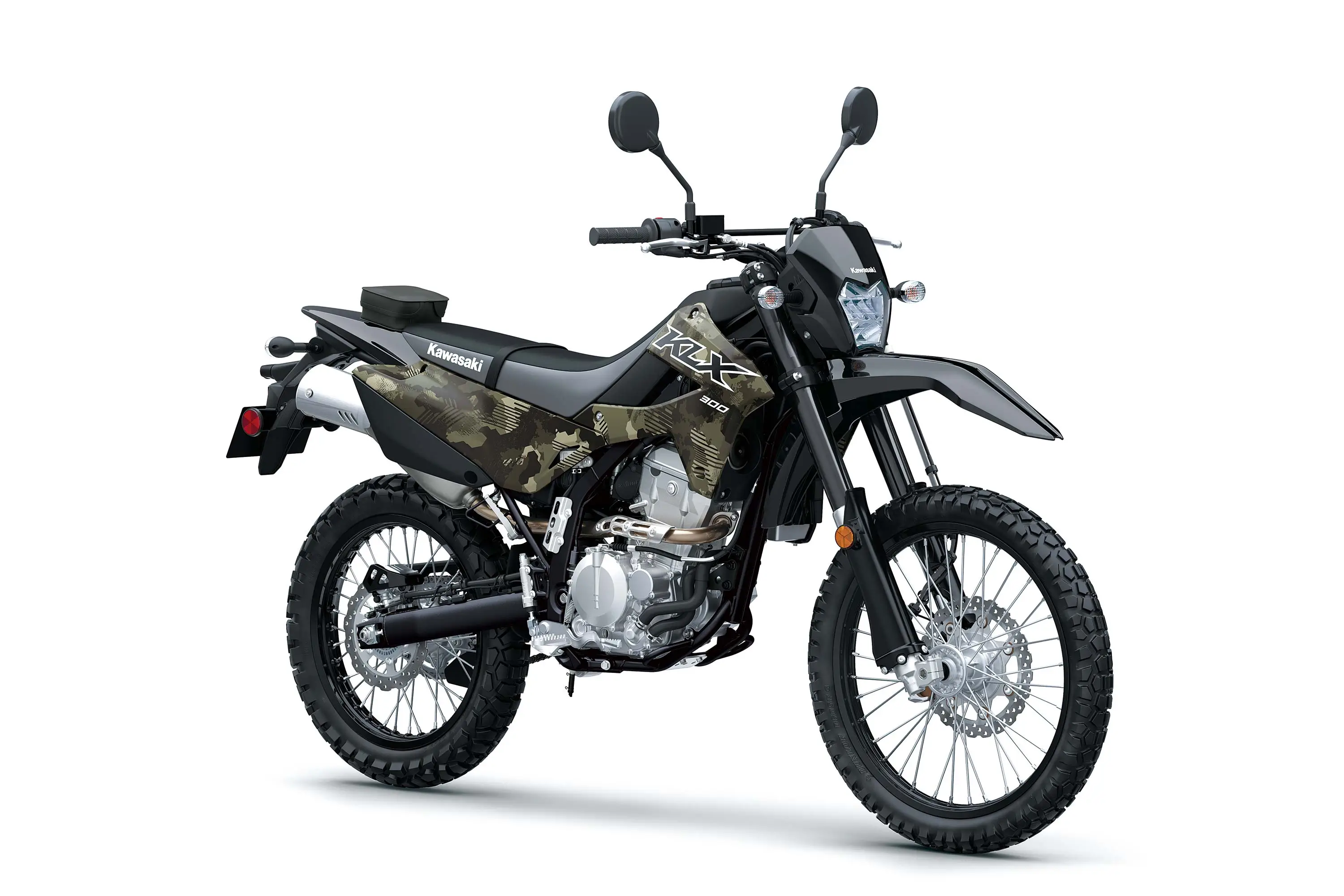 Three-quarter front angle of a motorcycle staged in a white studio background.