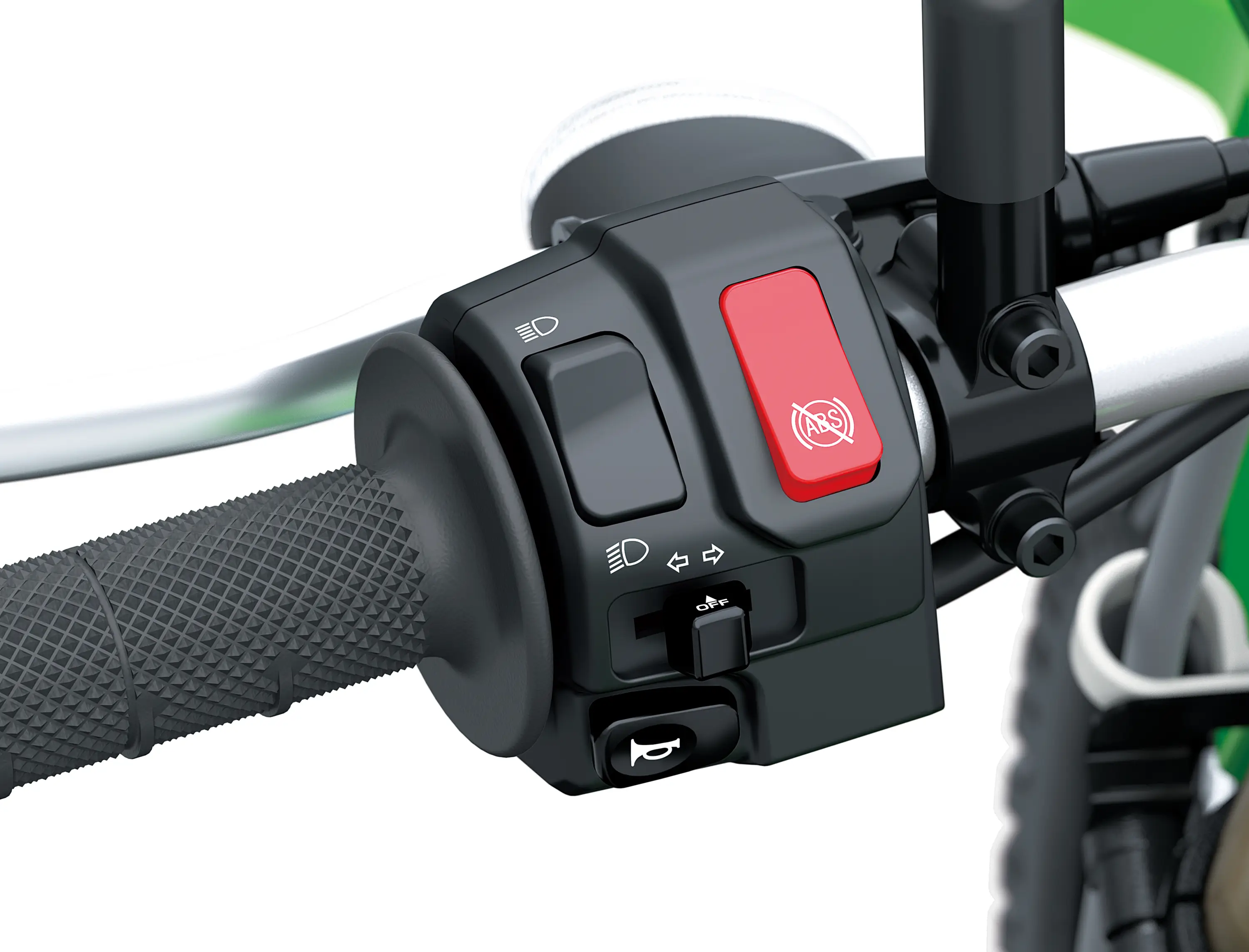 Red switch on the handlebar of a motorcycle staged in a white studio background.