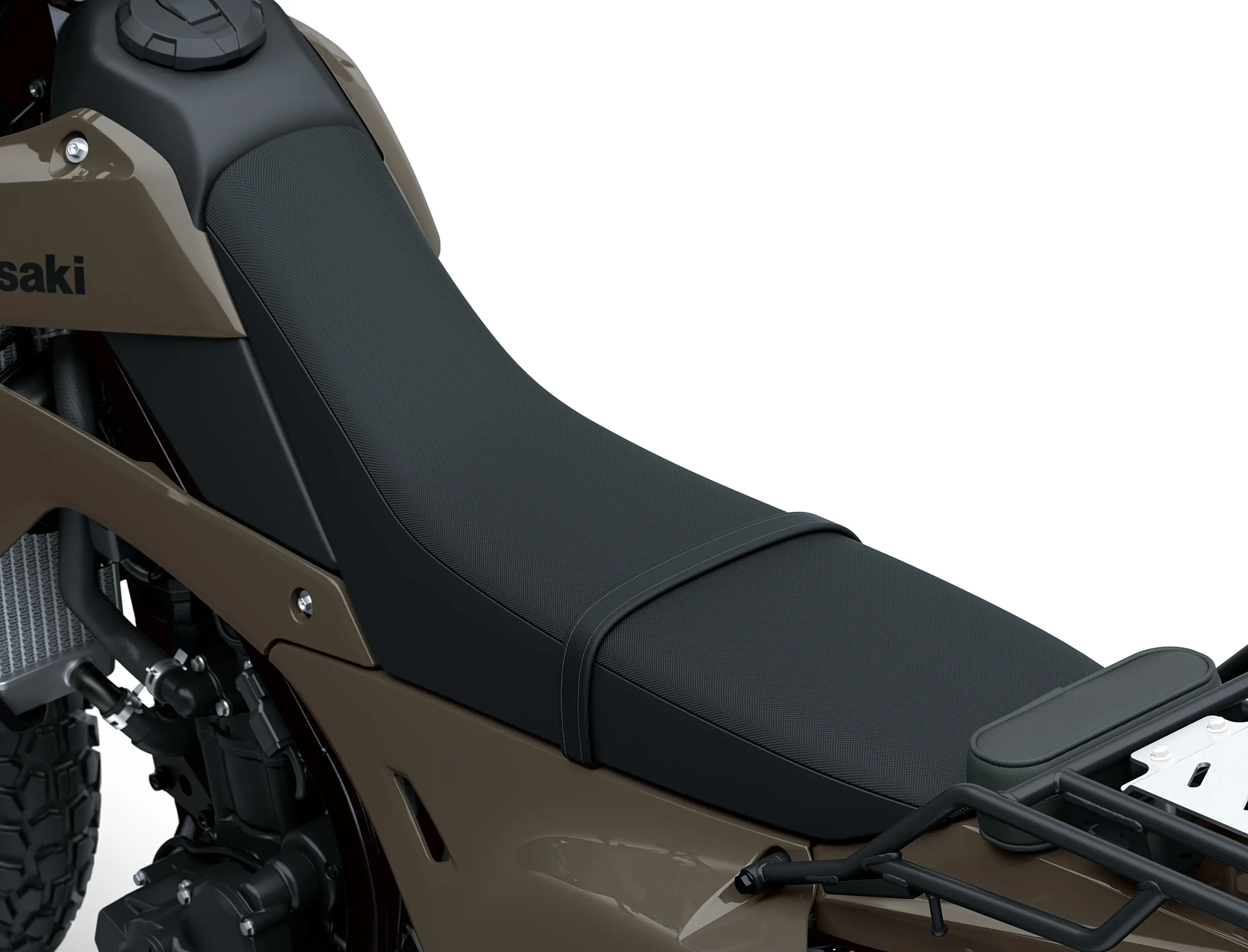 Seat of a motorcycle staged in a white studio background.