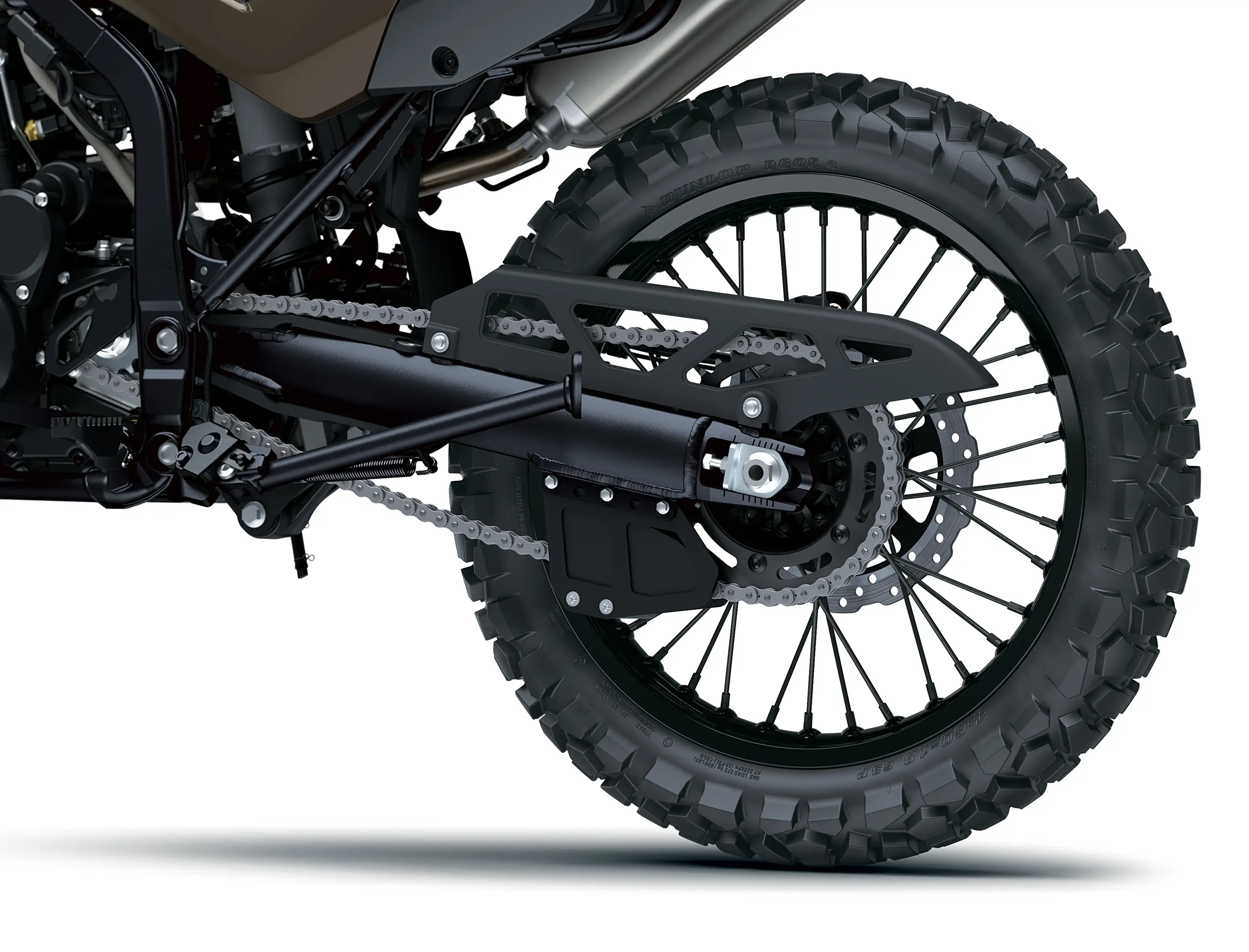 Rear wheel of a motorcycle staged in a white studio background.