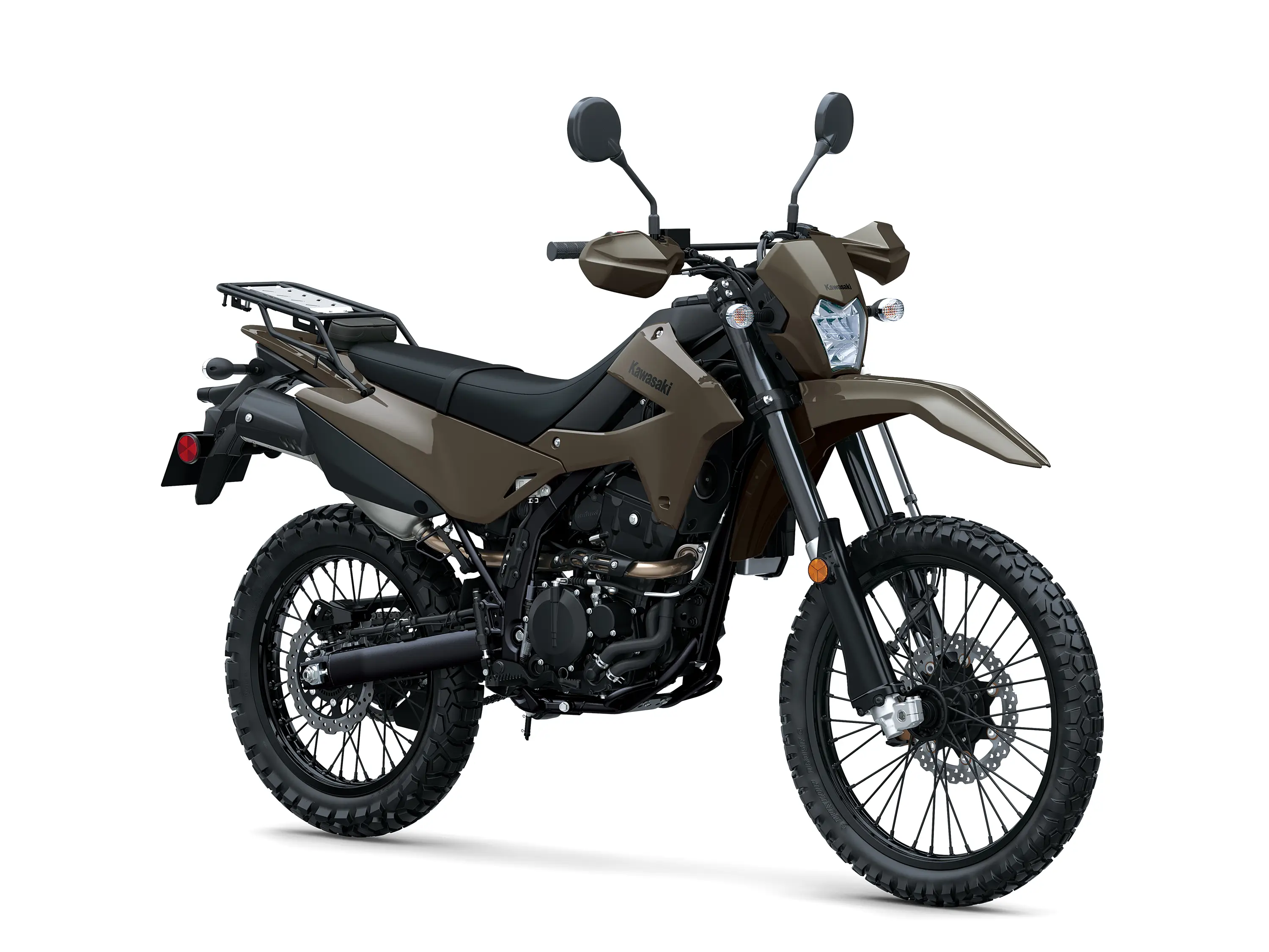 Three-quarter front angle of a motorcycle staged in a white studio background.
