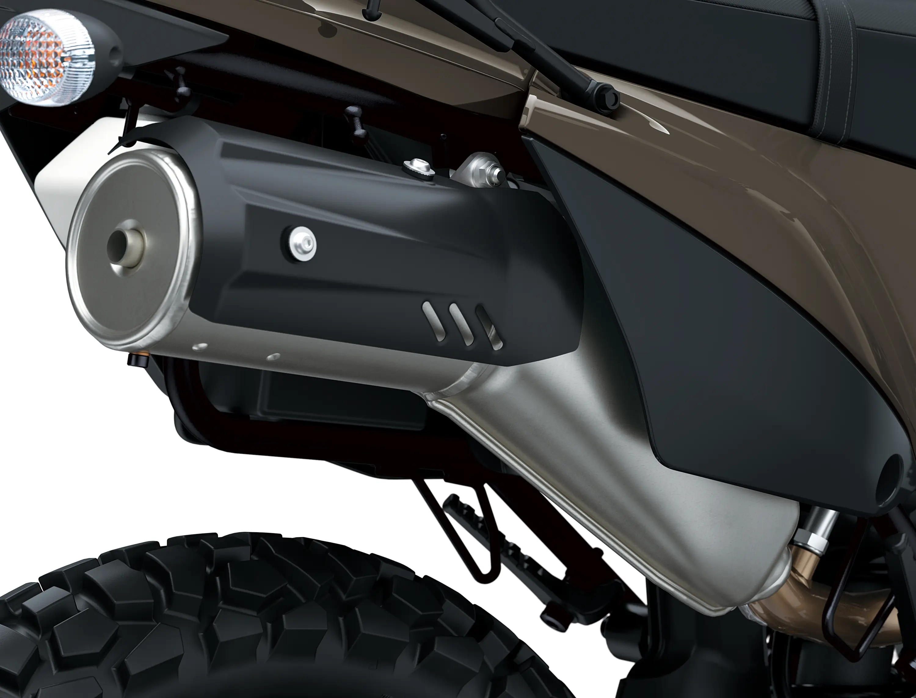 Exhaust of a motorcycle staged in a white studio background.