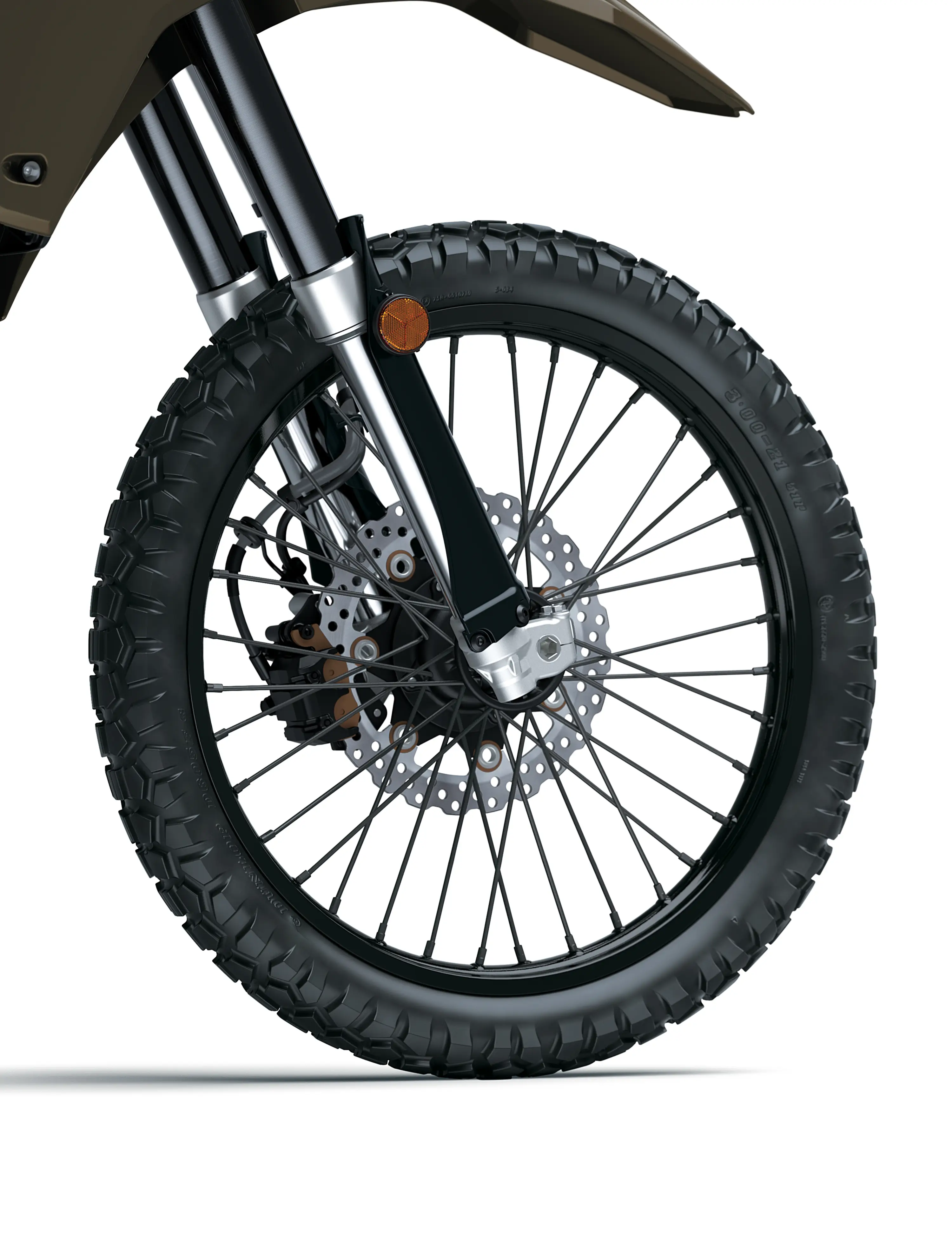 Front wheel of a motorcycle staged in a white studio background.