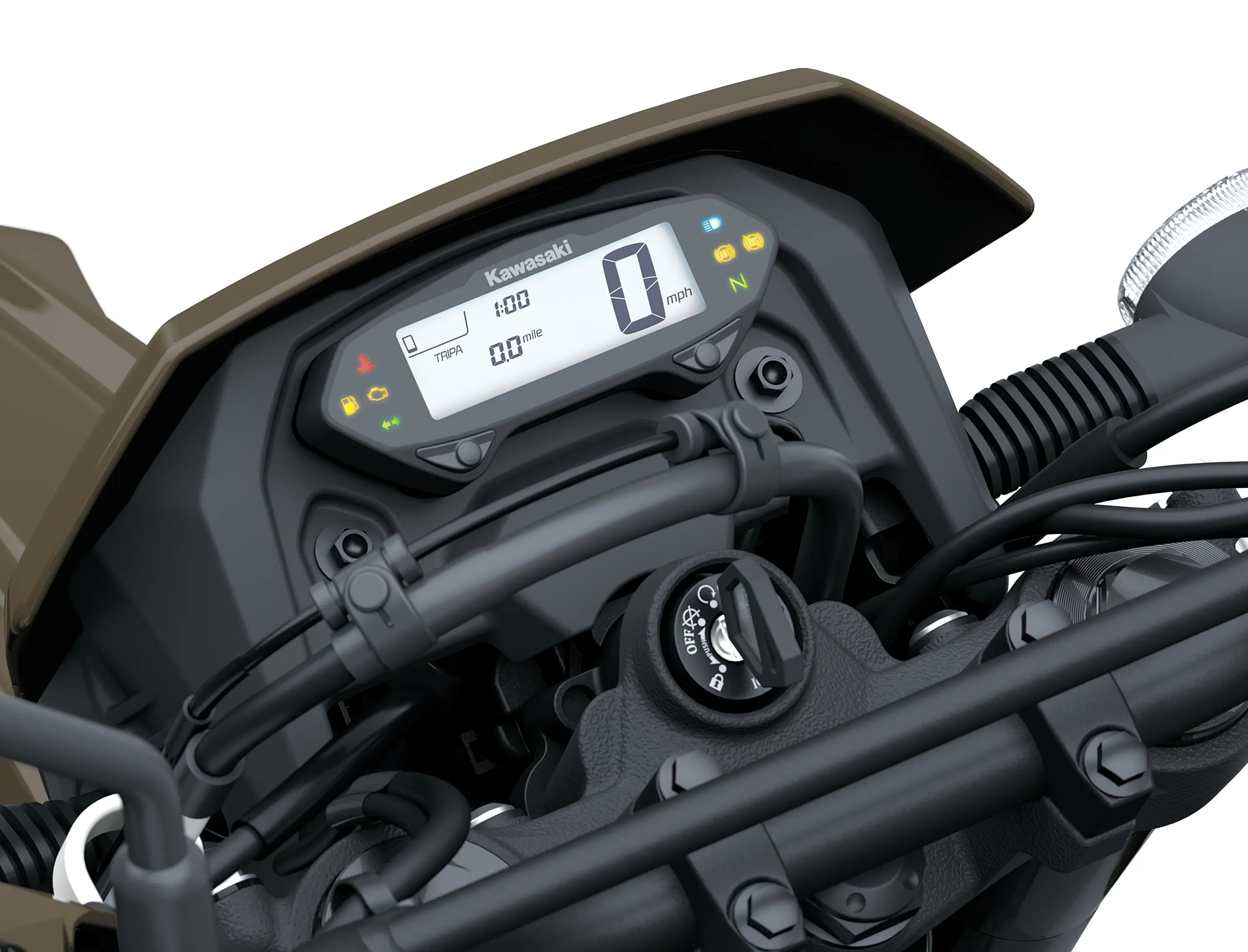 TFT screen of a motorcycle staged in a white studio background.