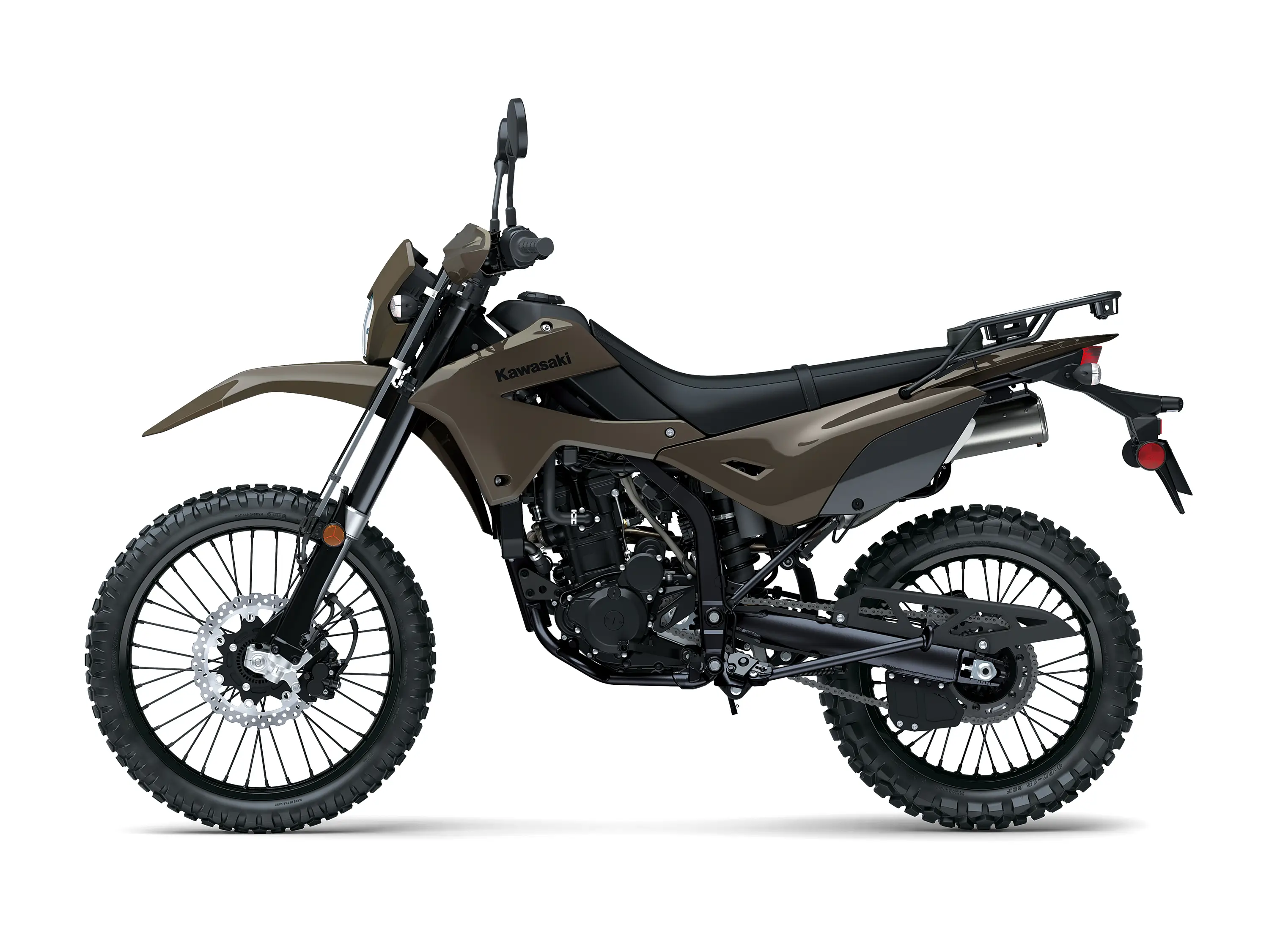 Profile angle of a motorcycle staged in a white studio background.