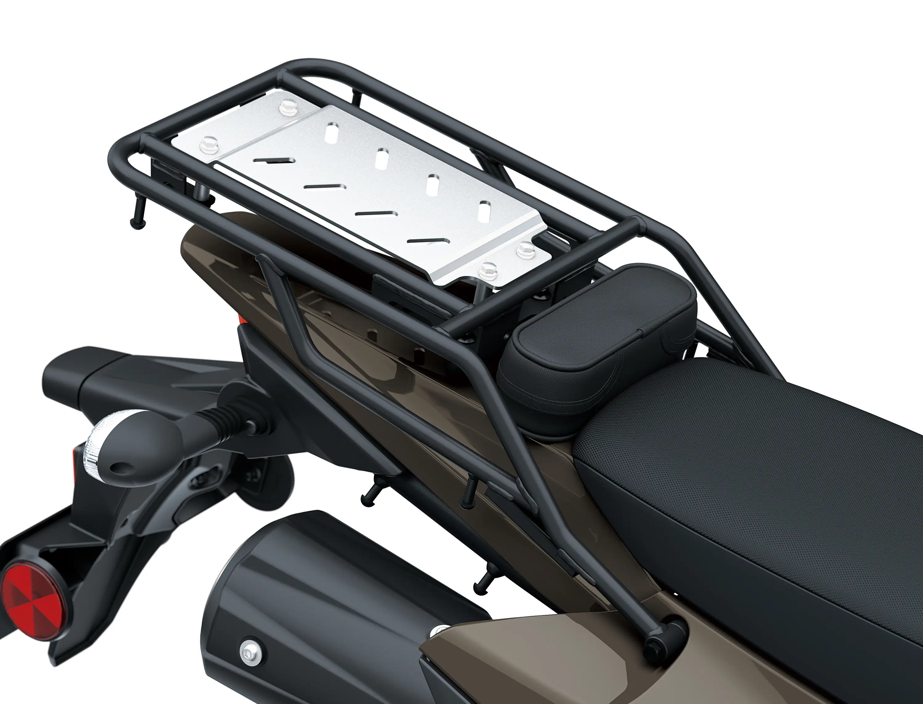 Tail storage of a motorcycle staged in a white studio background.