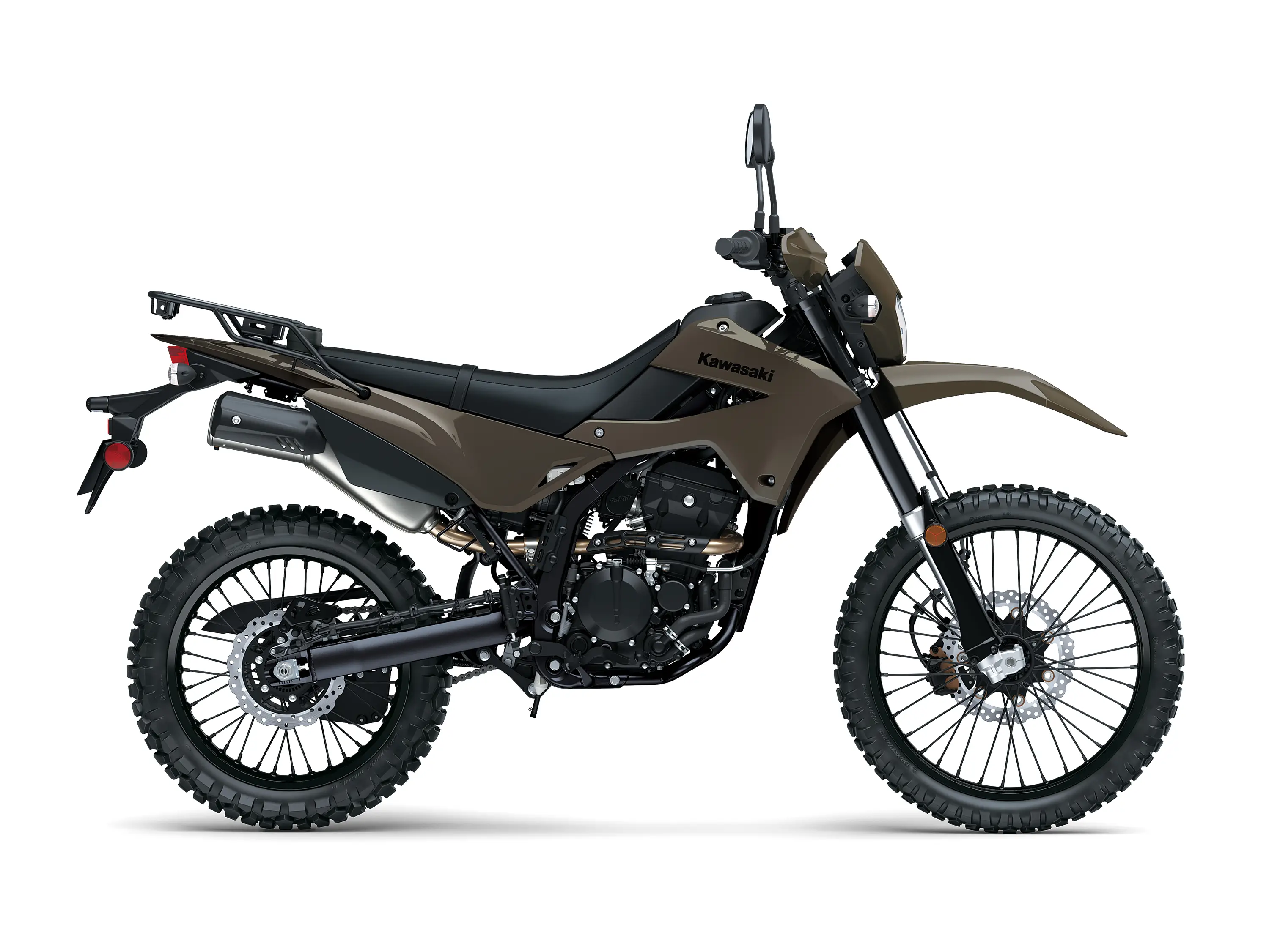 Side angle of a motorcycle staged in a white studio background.