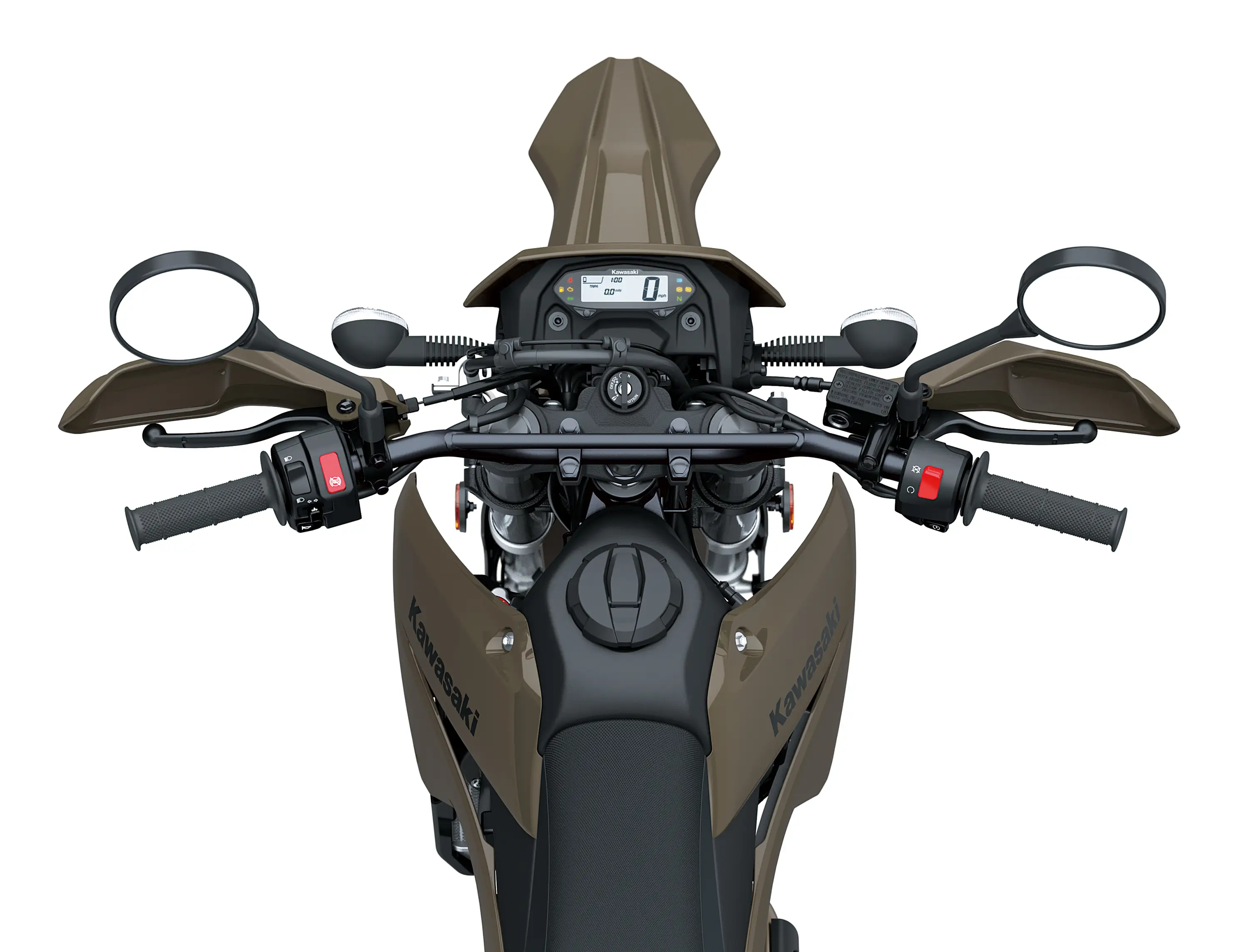 Overhead nose of a motorcycle staged in a white studio background.