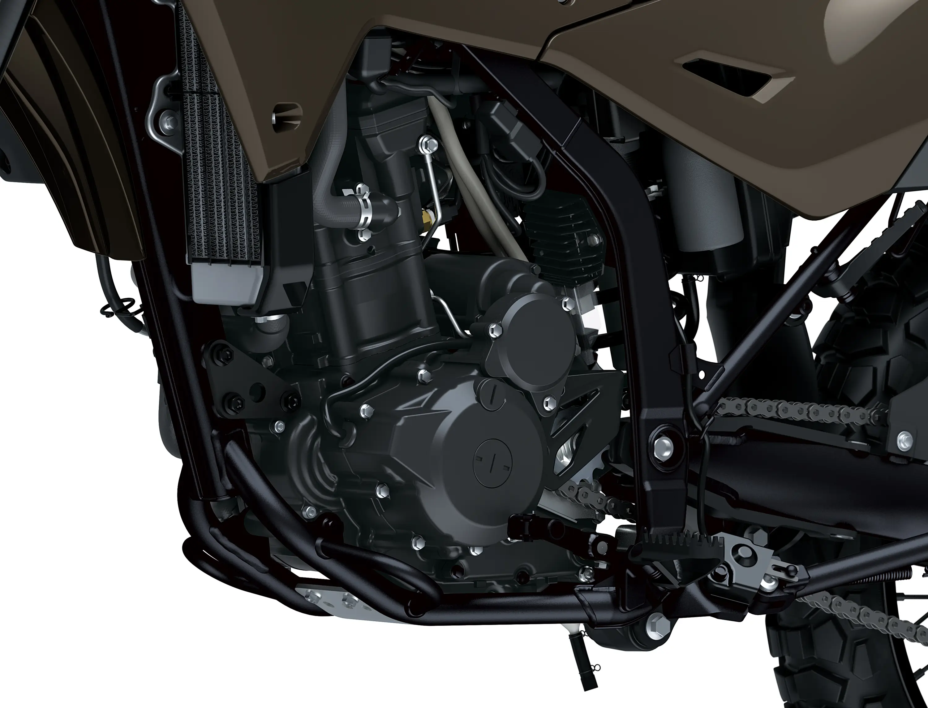 Engine of a motorcycle staged in a white studio background.