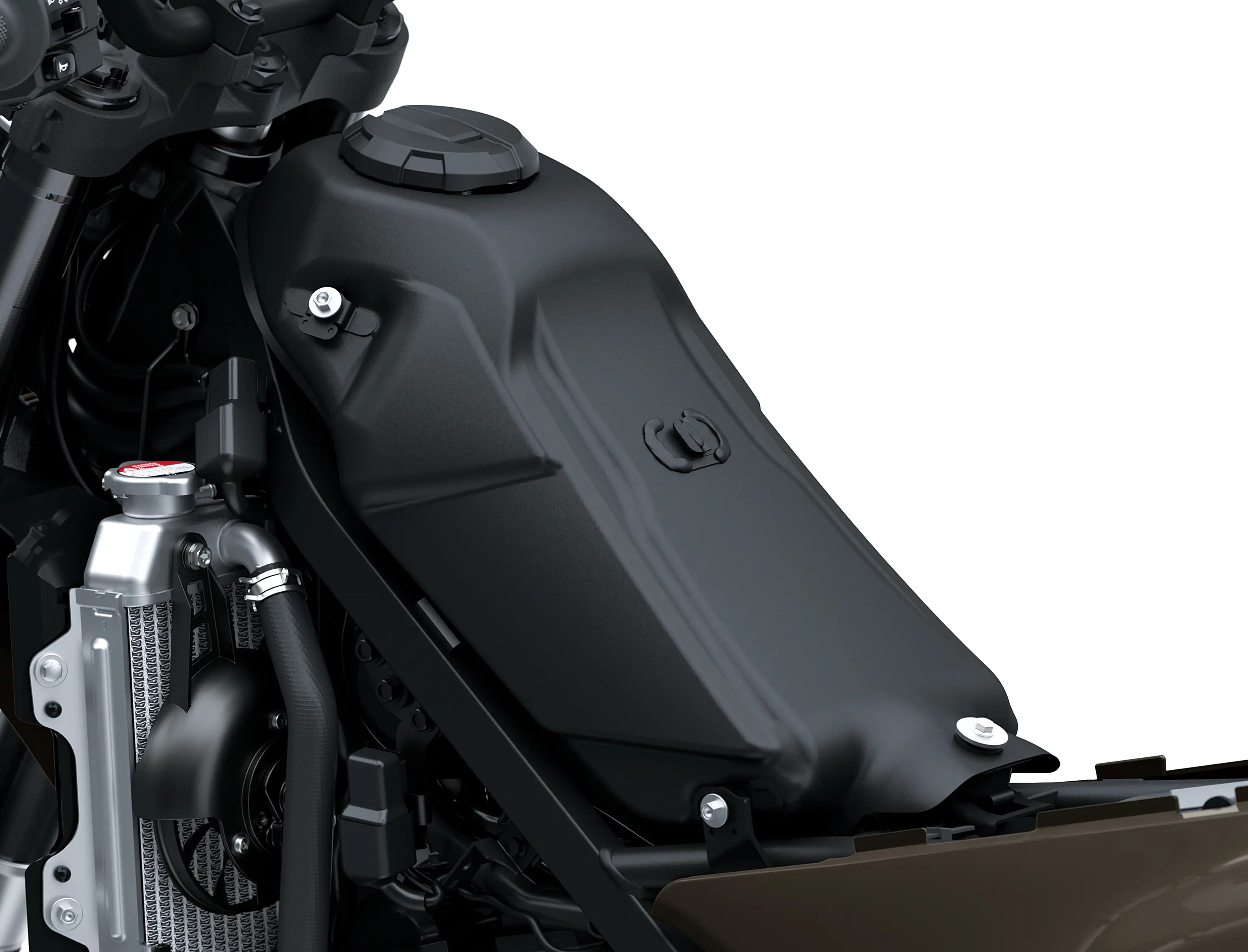Under seat of a motorcycle staged in a white studio background.