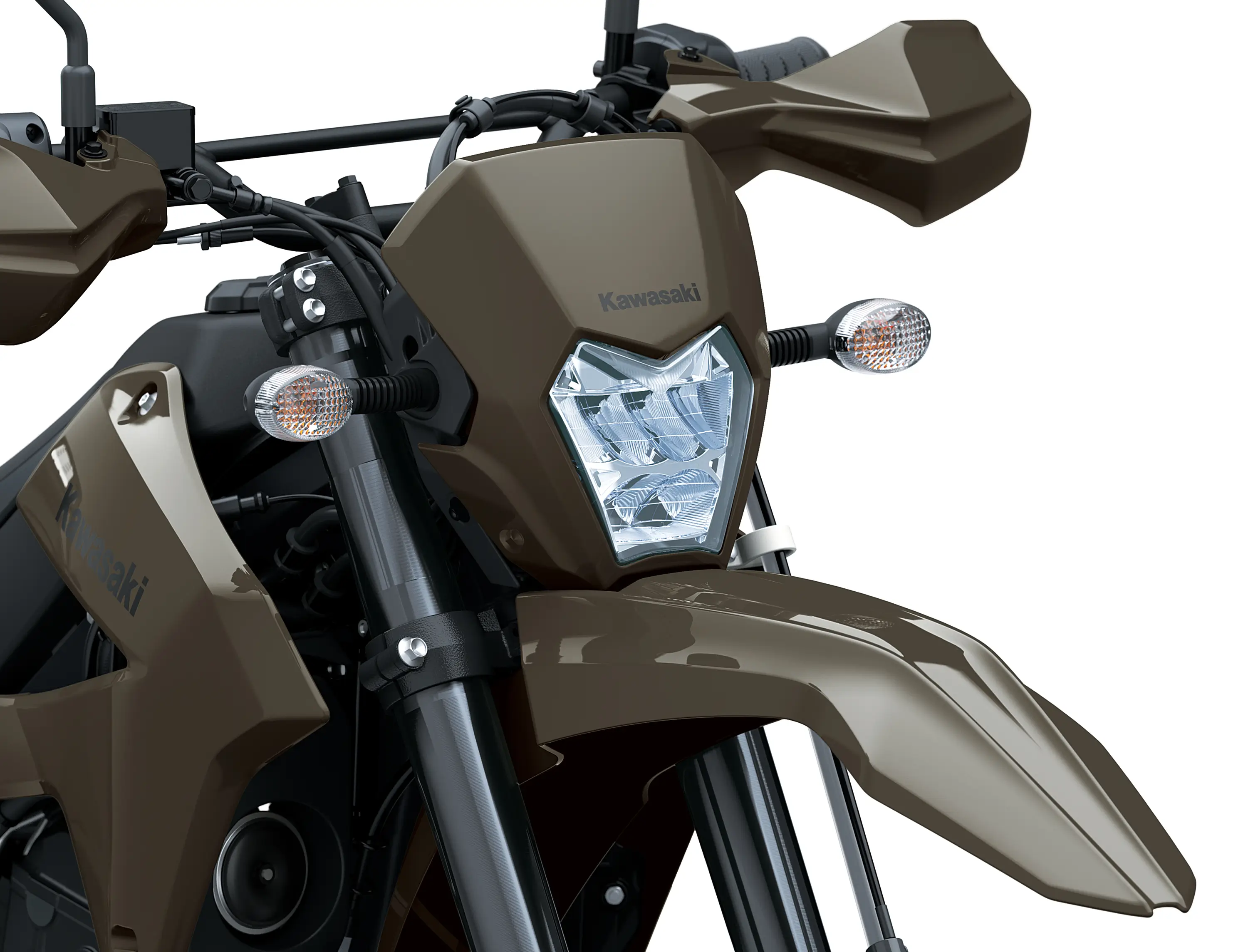 Front nose of a motorcycle staged in a white studio background.