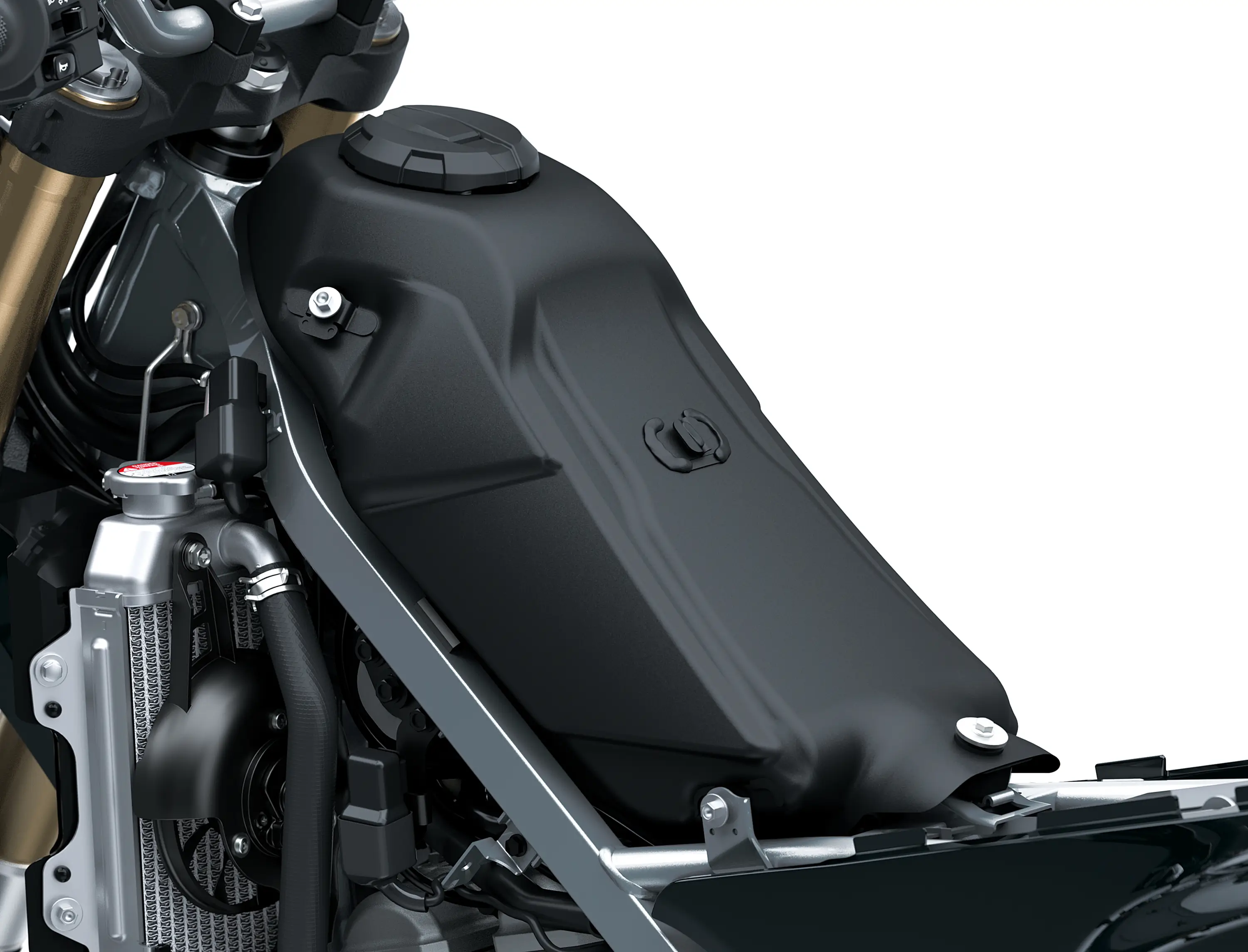 Under seat of a motorcycle staged in a white studio background.