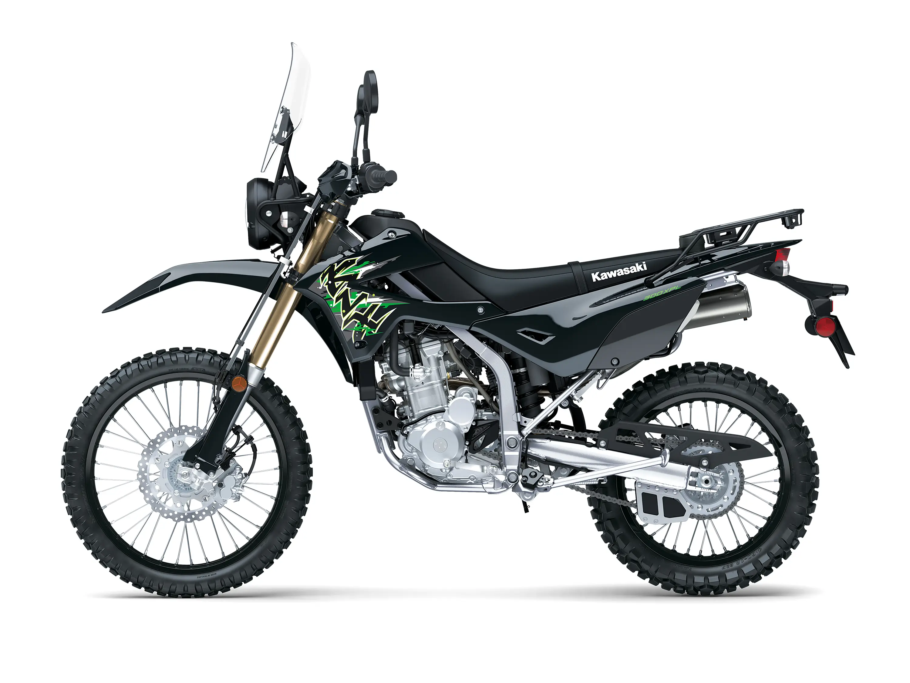 Profile angle of a motorcycle staged in a white studio background.