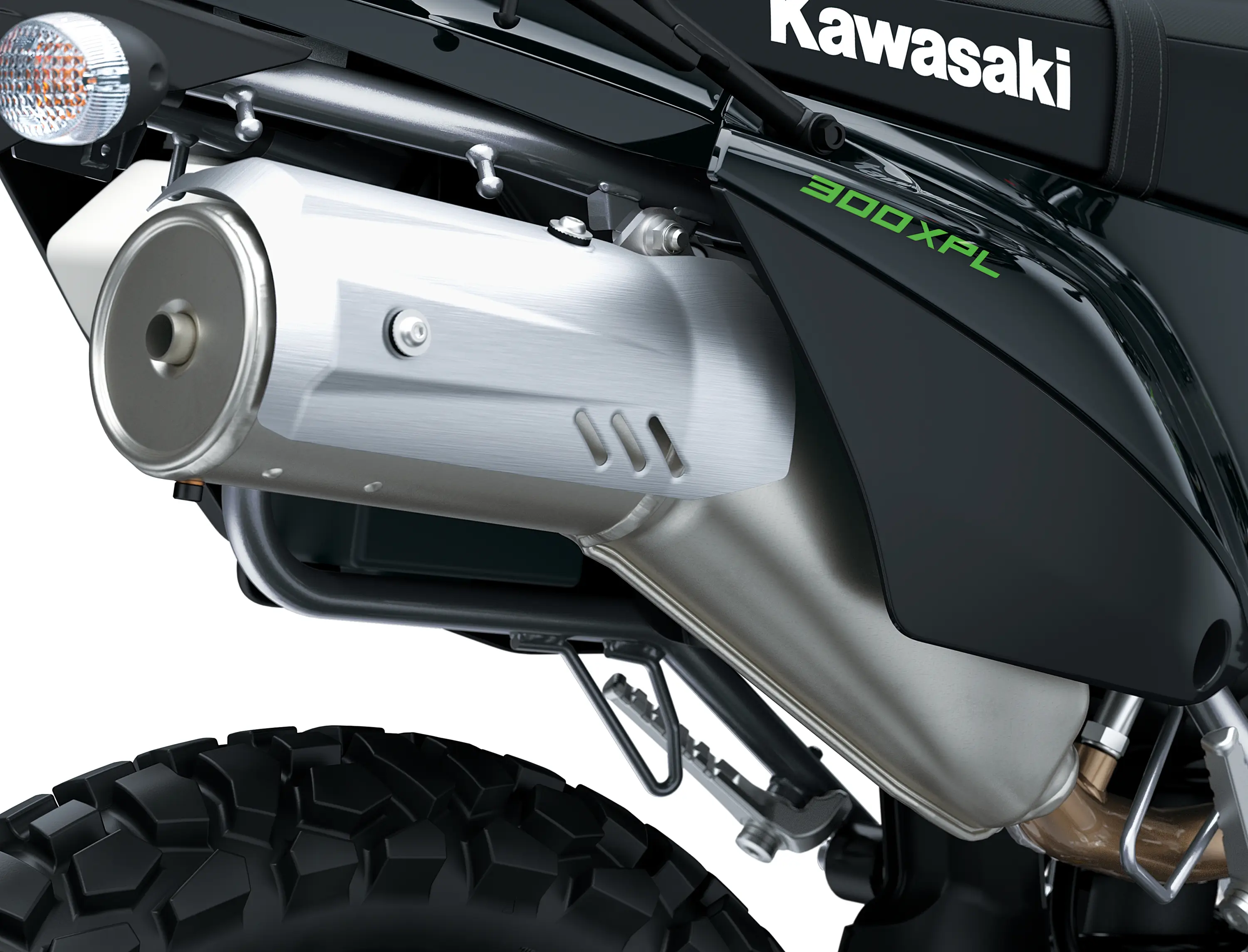 Exhaust of a motorcycle staged in a white studio background.