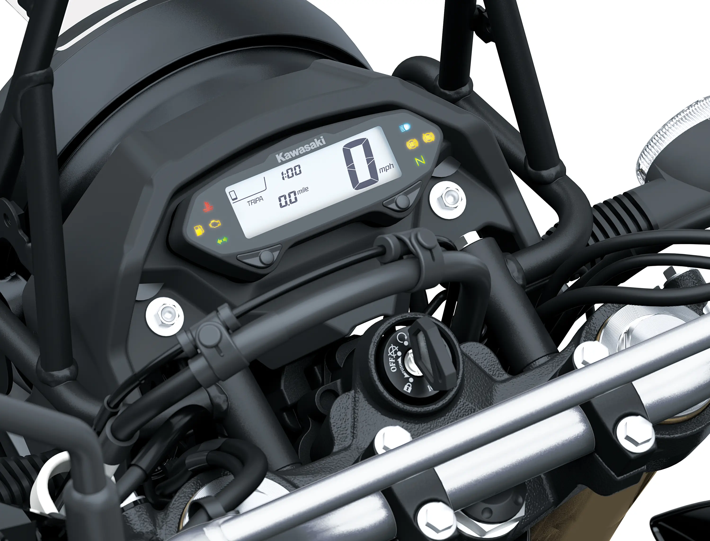 TFT screen of a motorcycle staged in a white studio background.