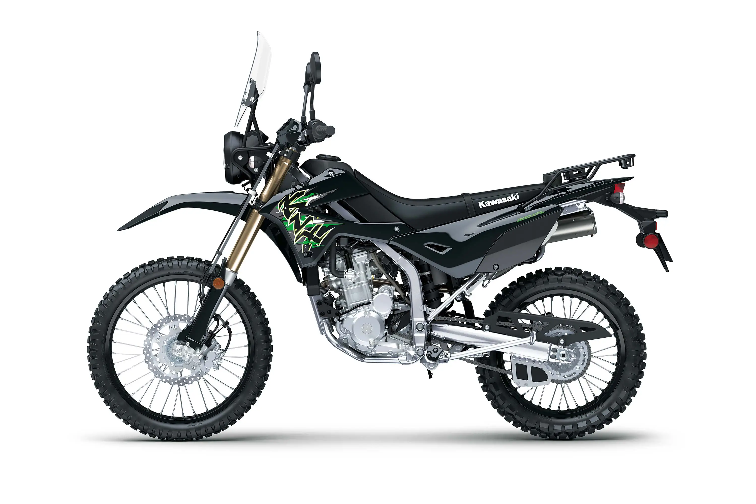 Profile angle of a motorcycle staged in a white studio background.