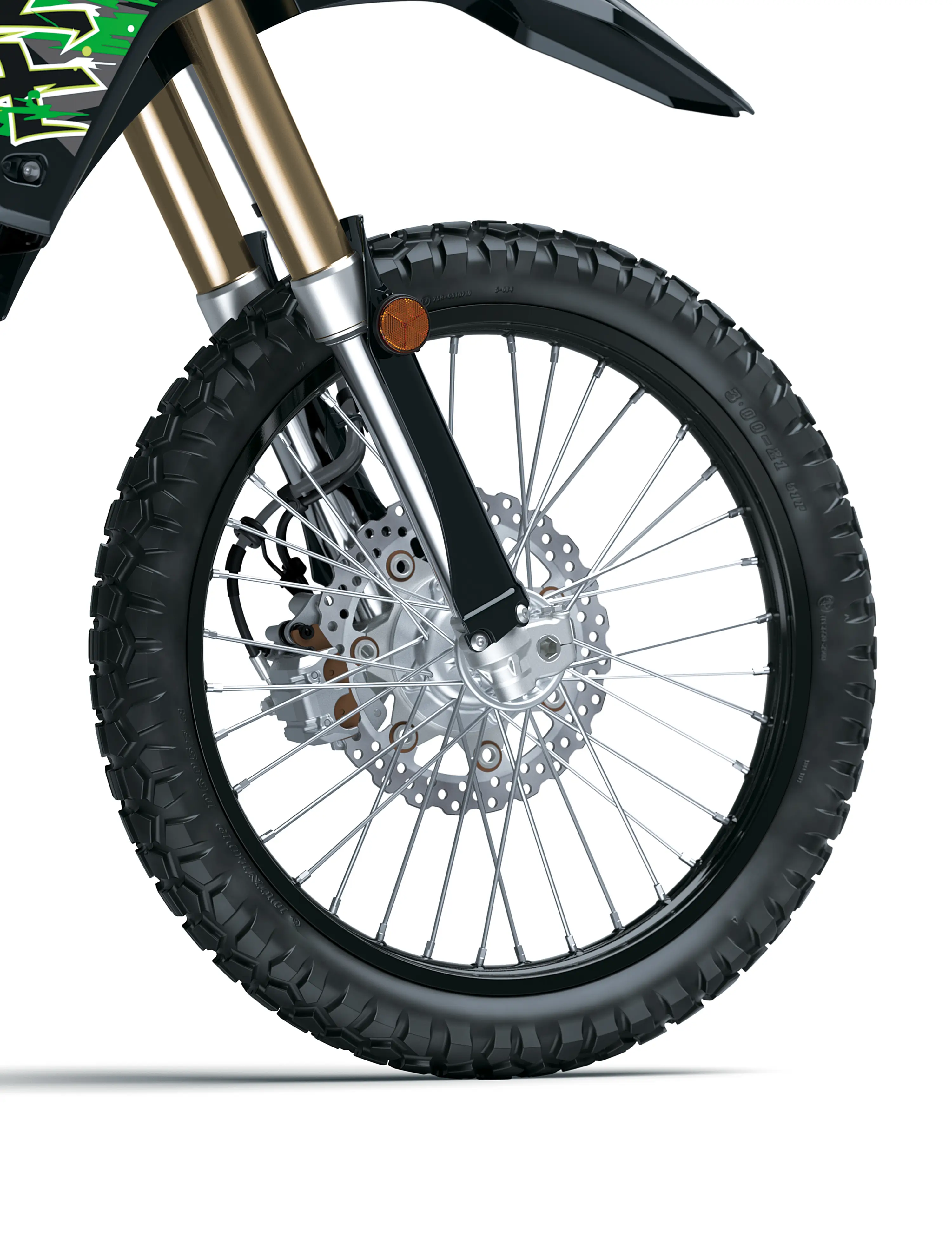 Front wheel of a motorcycle staged in a white studio background.