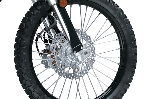 Front wheel of a motorcycle staged in a white studio background. opens in a new window