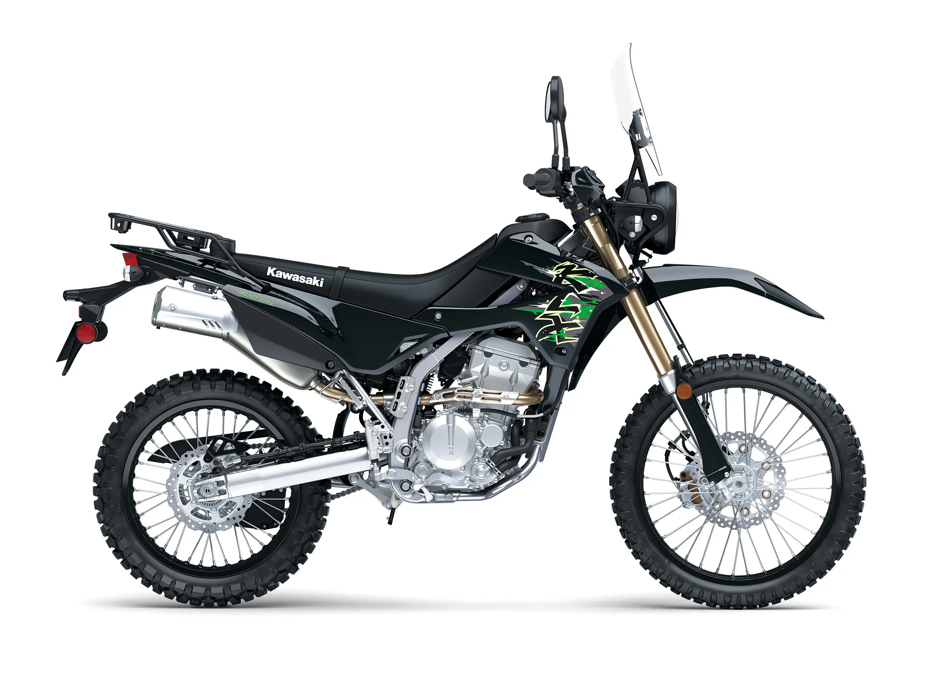 Side angle of a motorcycle staged in a white studio background.