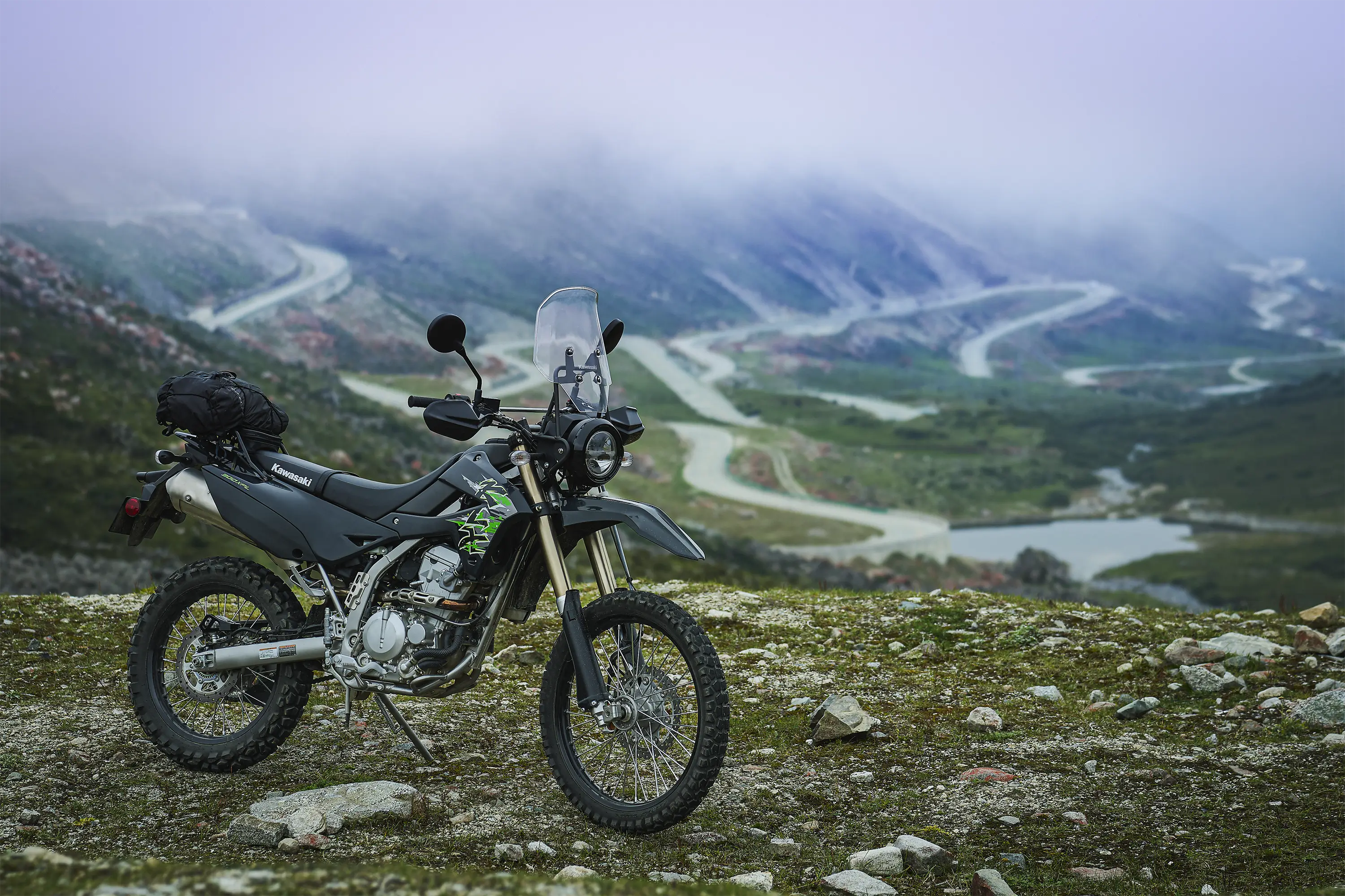 Side angle of a motorcycle parked.
