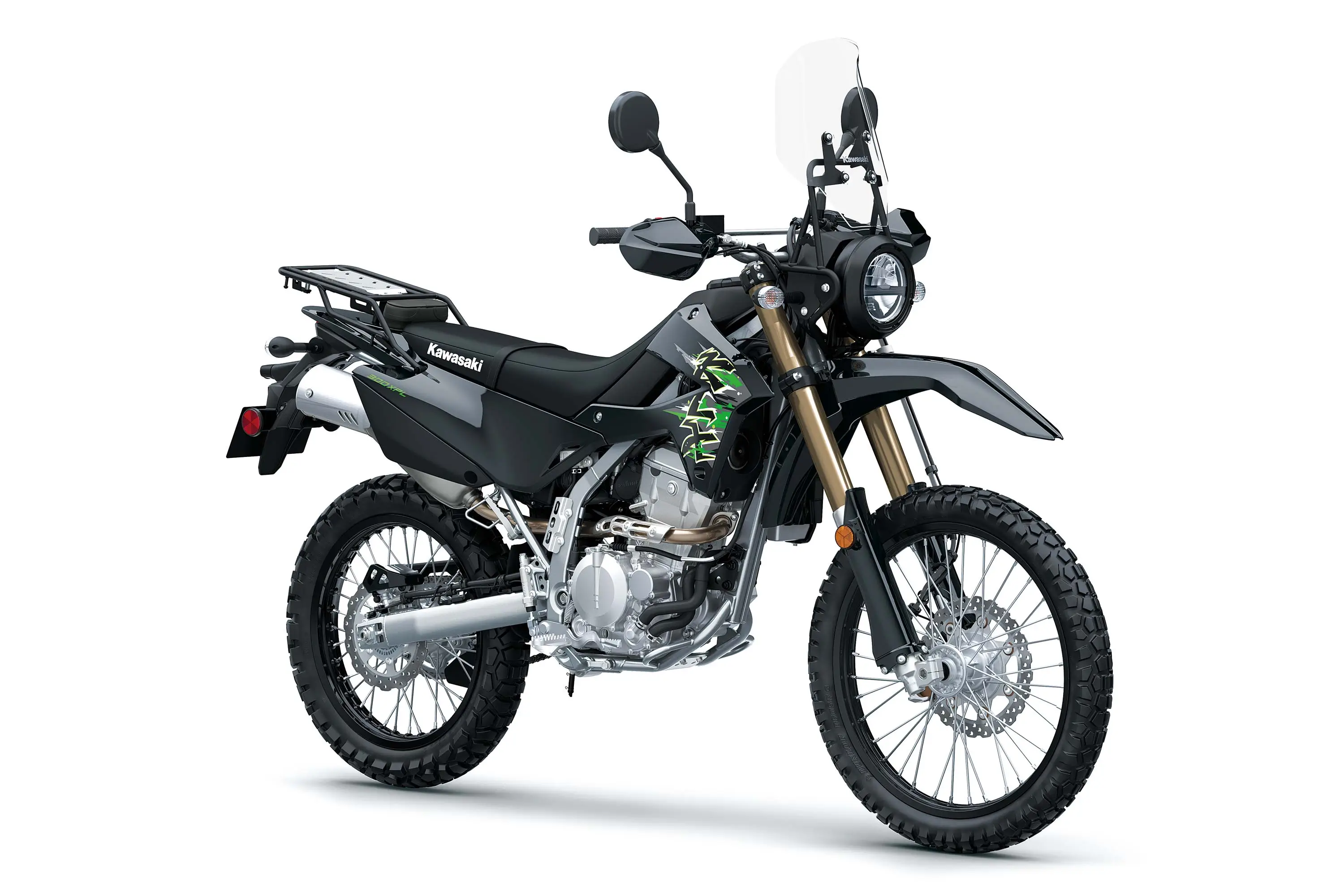 Three-quarter front angle of a motorcycle staged in a white studio background.