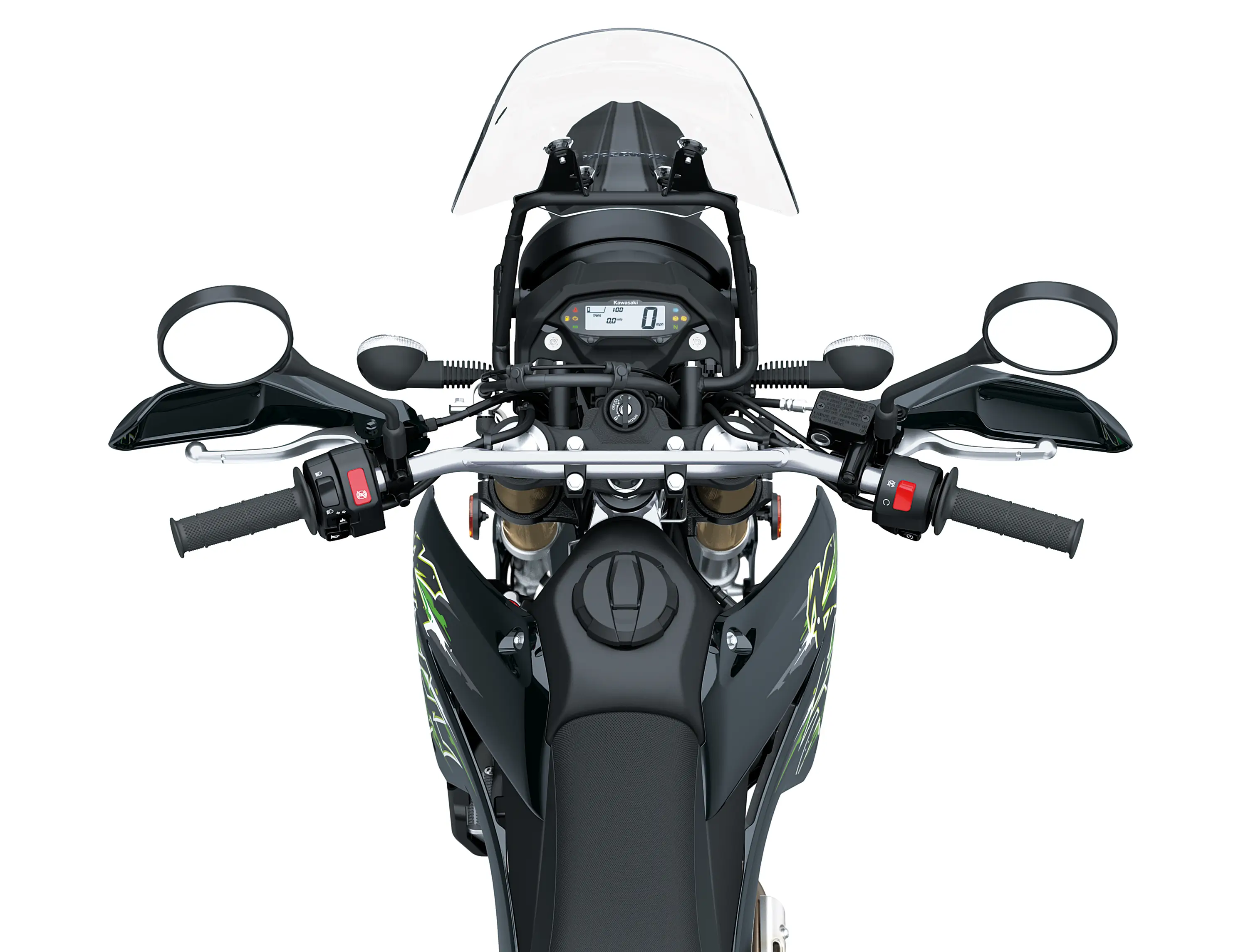 Overhead nose of a motorcycle staged in a white studio background.