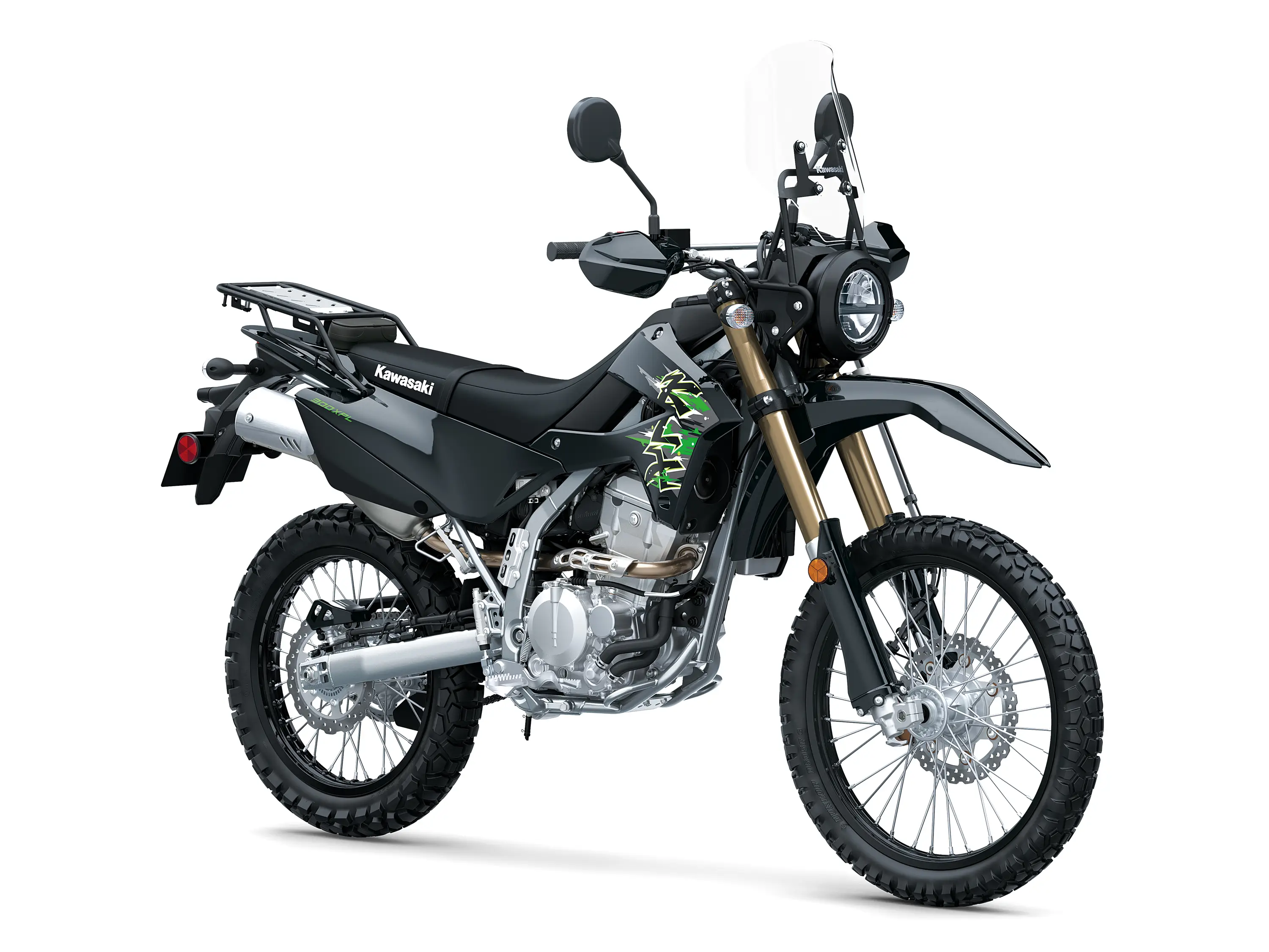 Three-quarter front angle of a motorcycle staged in a white studio background.