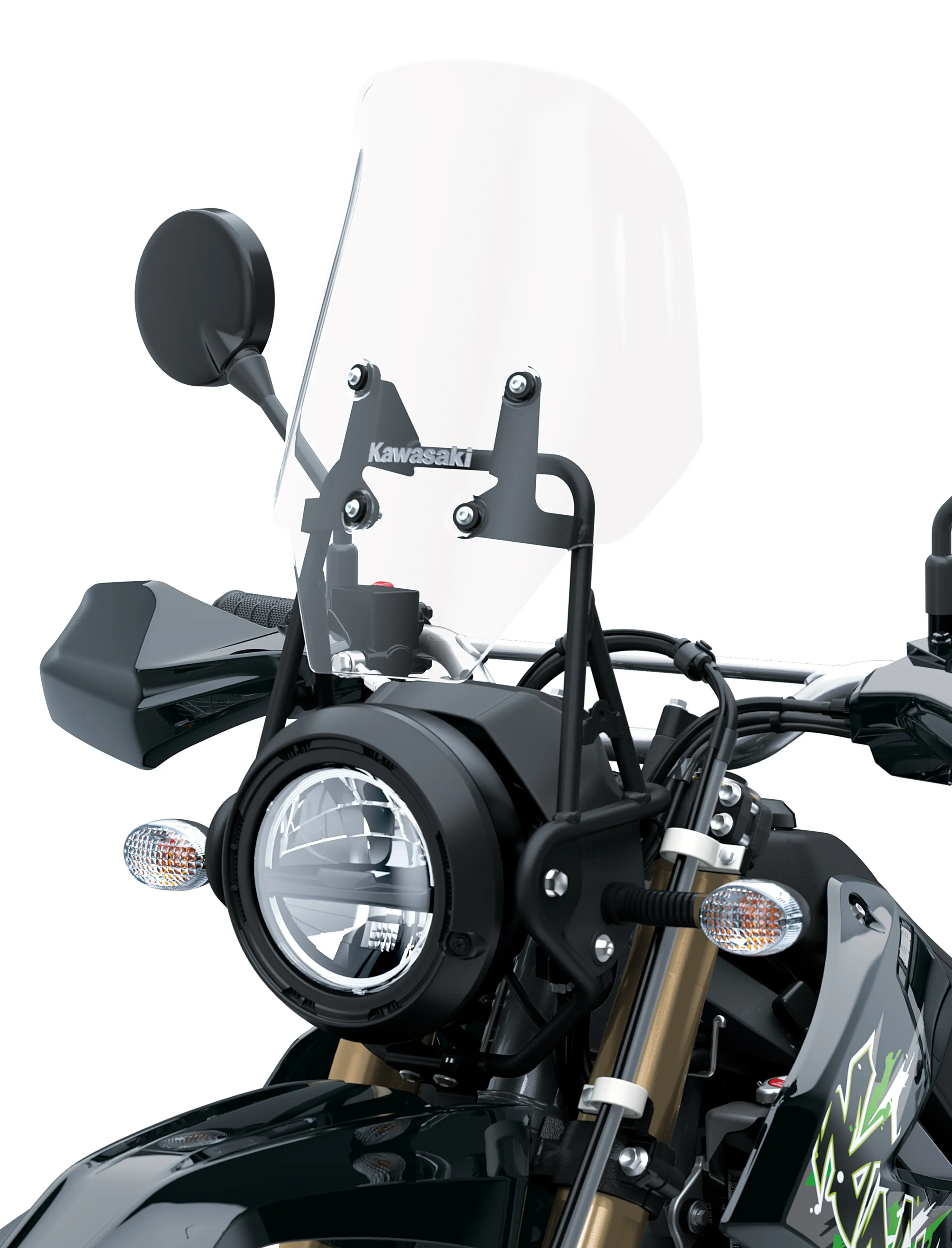 Headlight of a motorcycle staged in a white studio background.