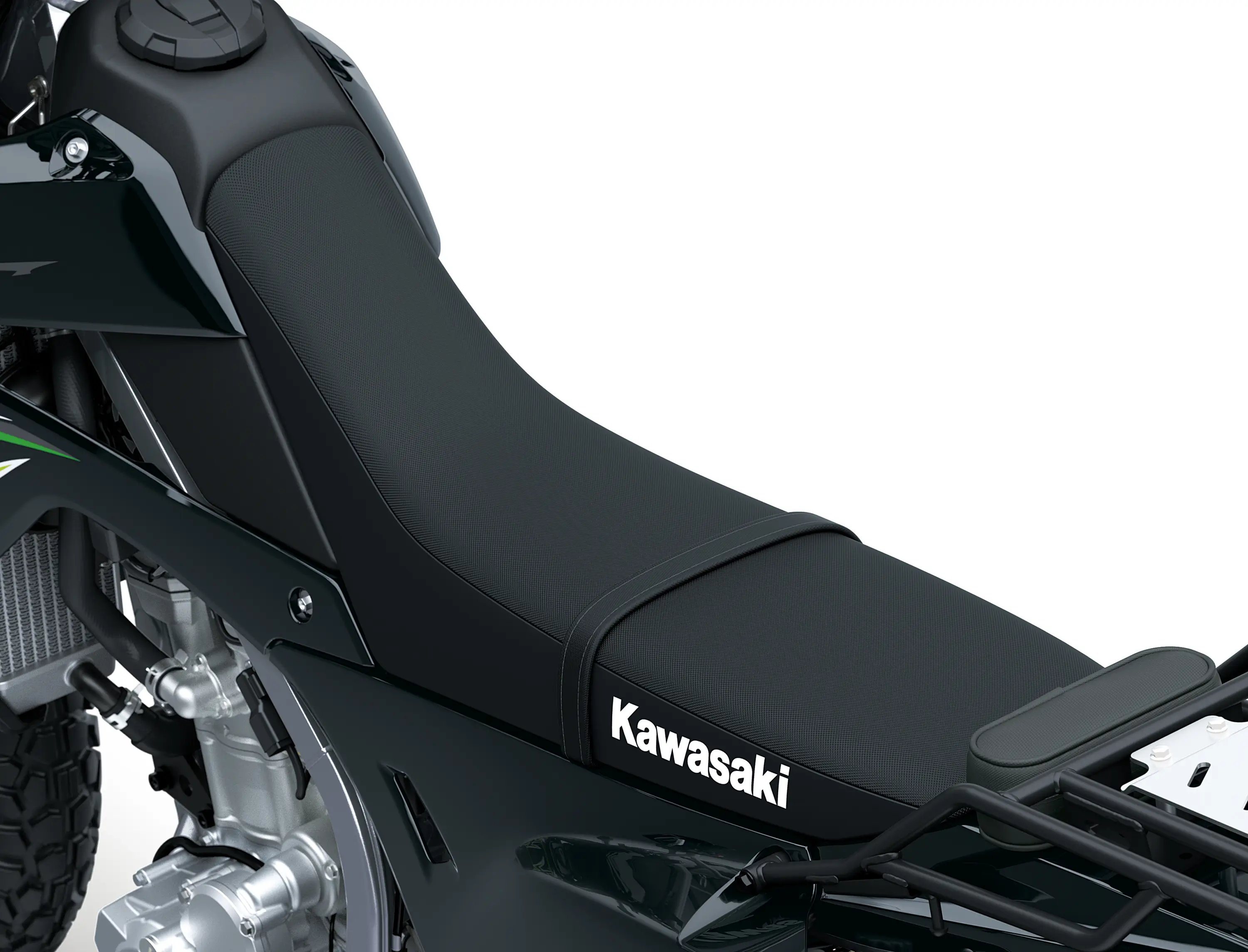 Seat of a motorcycle staged in a white studio background.