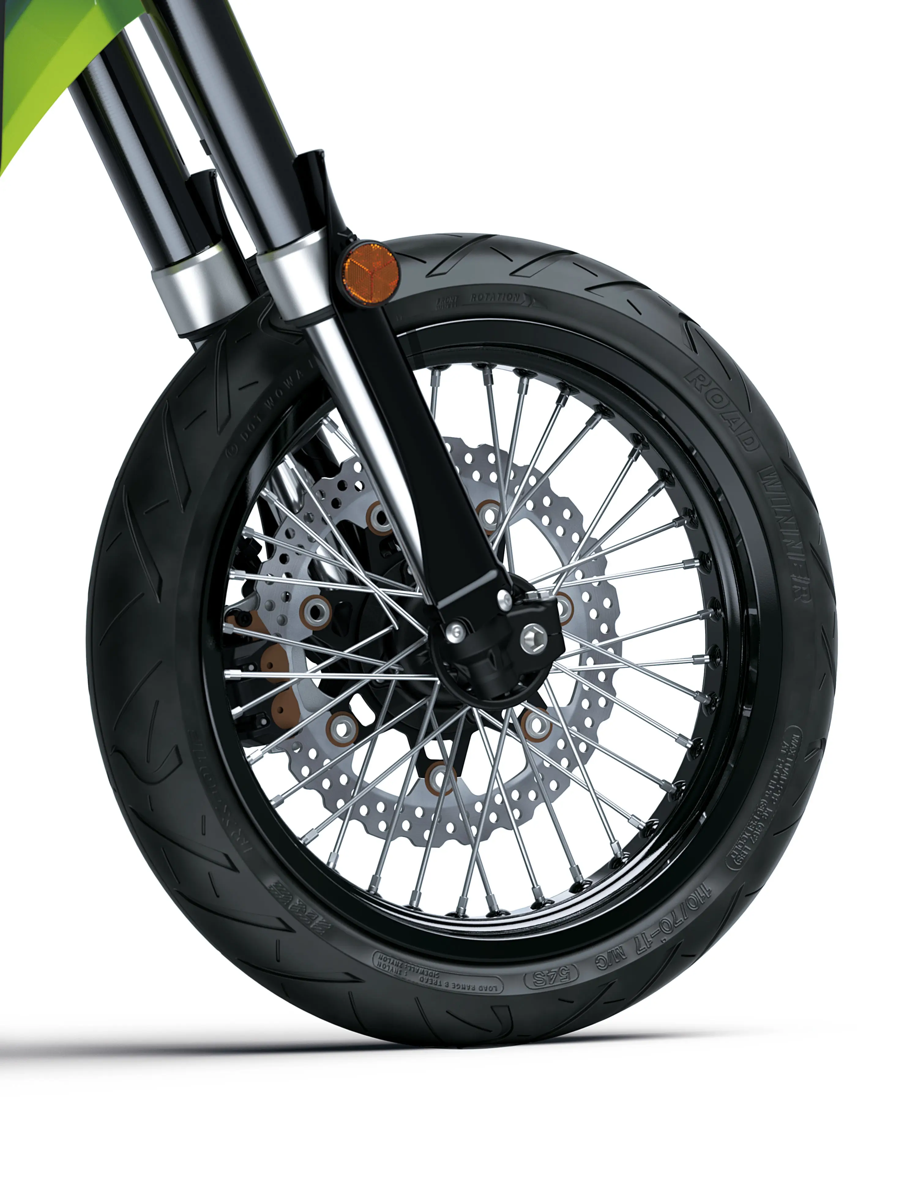 Front wheel of a motorcycle staged in a white studio background.