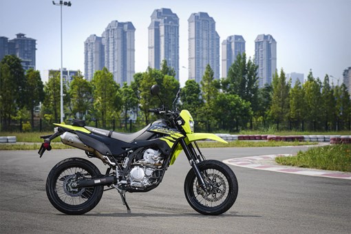 Profile angle of a motorcycle parked. opens in a new window